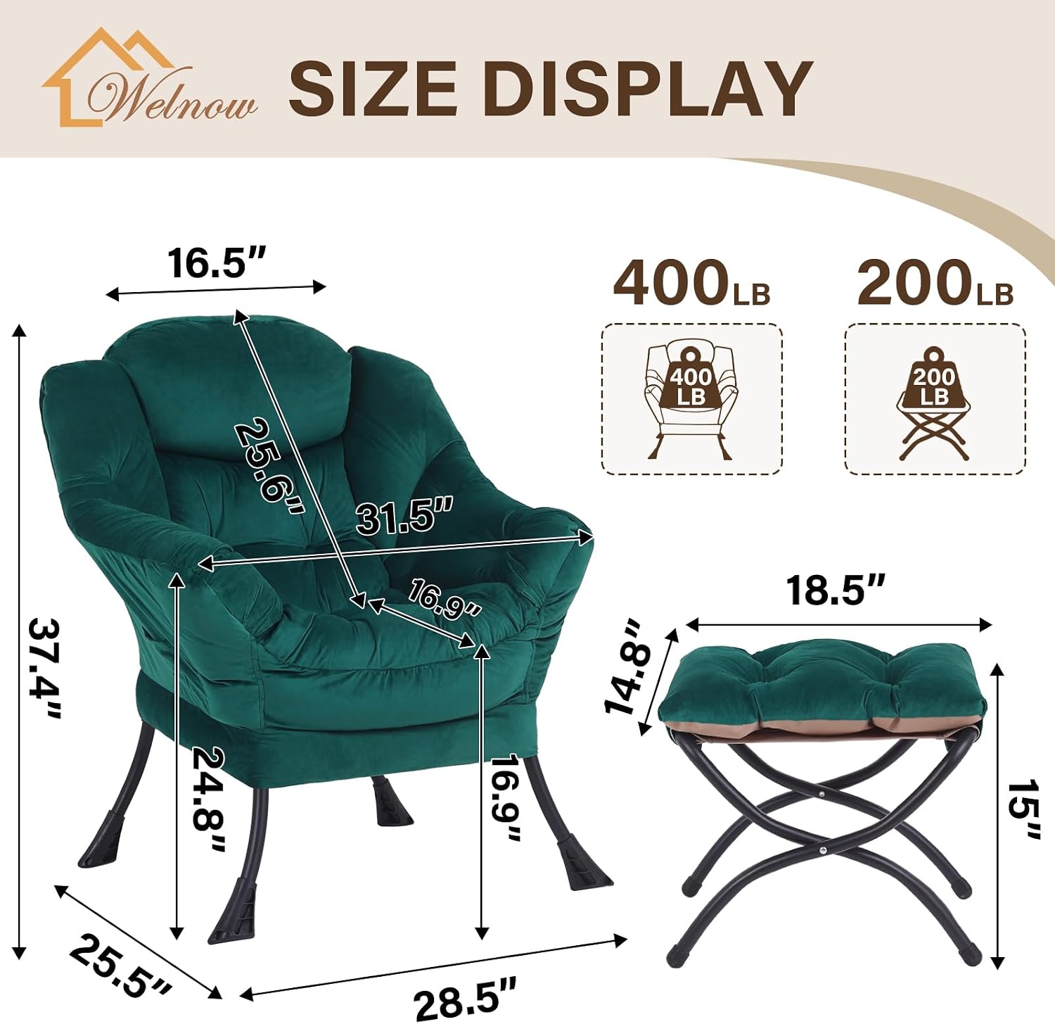 Welnow Lazy Chair with Ottoman, Modern Accent Chair with Armrests and a Side Pocket, Leisure Sofa Armchair, Reading Armchair with Footrest for Small Space, Dark Green