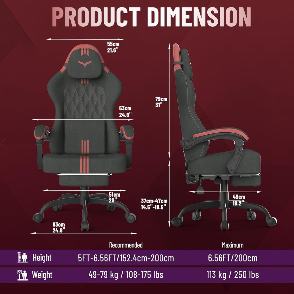 Ferghana Velvet Fabric Gaming Chair with Wider Seat Cushion, Diamond Double-Stitching Ergonomic High Back Game Chair with Footrest, Computer Chair with Massage Lumbar Support for Adult, Black/Red