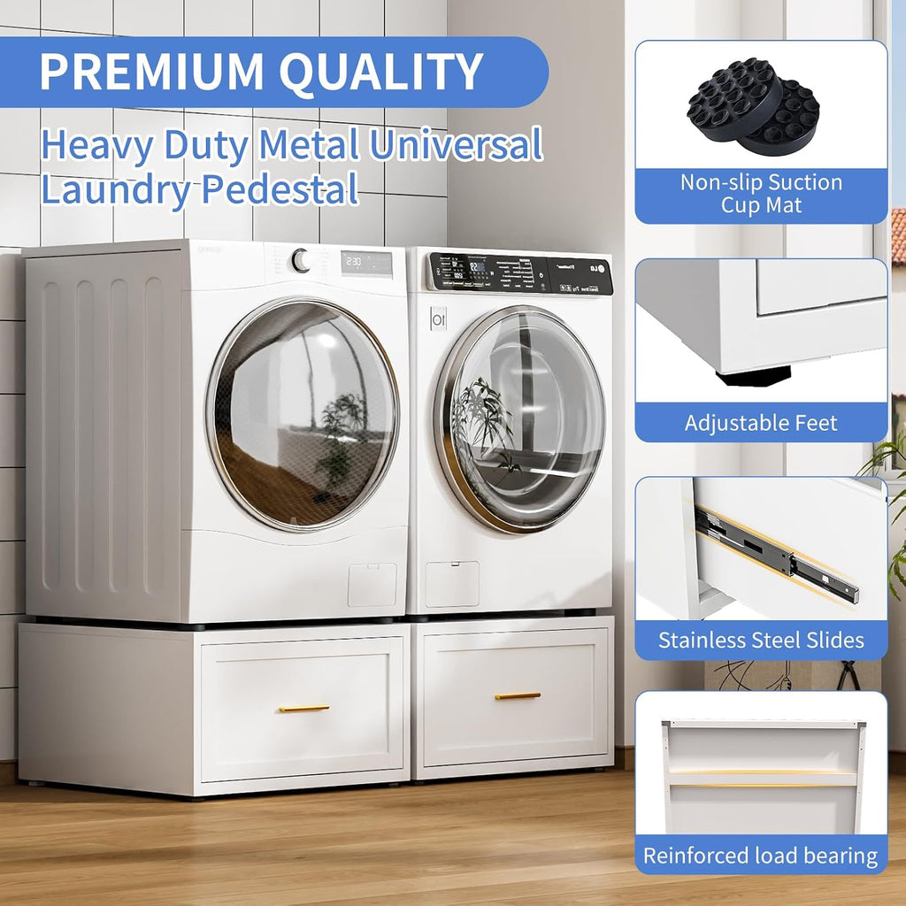 28' W Washer Dryer Pedestal, Heavy Duty Metal Washer Pedestal with Drawer, 440LBS Universal Laundry Pedestal, Washing Machine Stand with Adjustable Feet, 16'' Height (1pack-White)