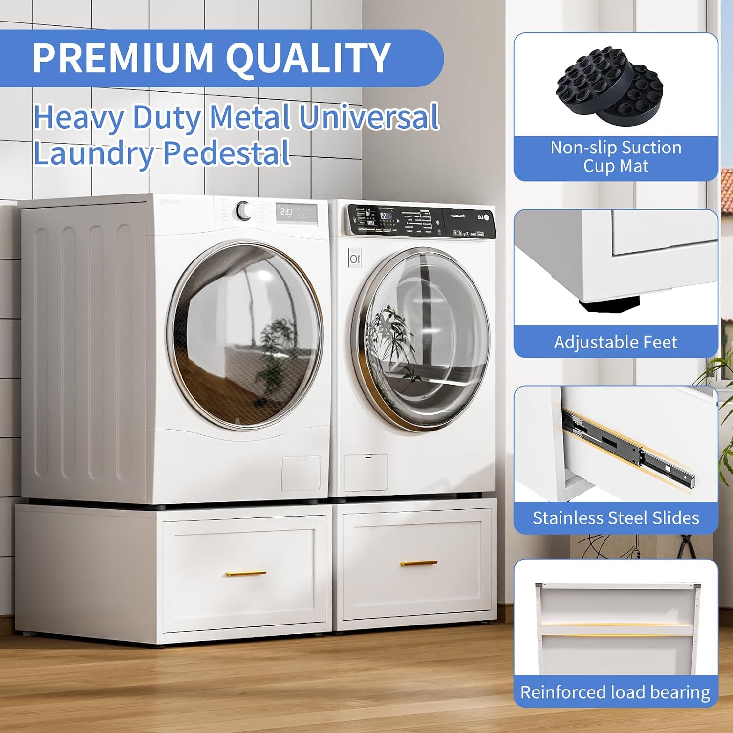 28' W Washer Dryer Pedestal, Heavy Duty Metal Washer Pedestal with Drawer, 440LBS Universal Laundry Pedestal, Washing Machine Stand with Adjustable Feet, 16'' Height (1pack-White)