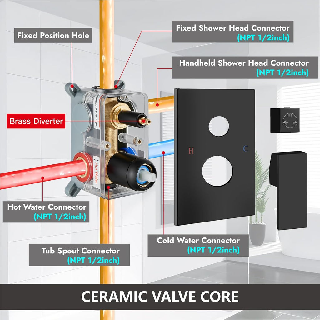 Midanya Shower System with Tub Spout,Bathtub Shower Faucet Set with Square Rainfall Head and Handheld Sprayer Wall Mount Tub Faucet Set with Valve and Trim Kit,16 Inch Matte Black