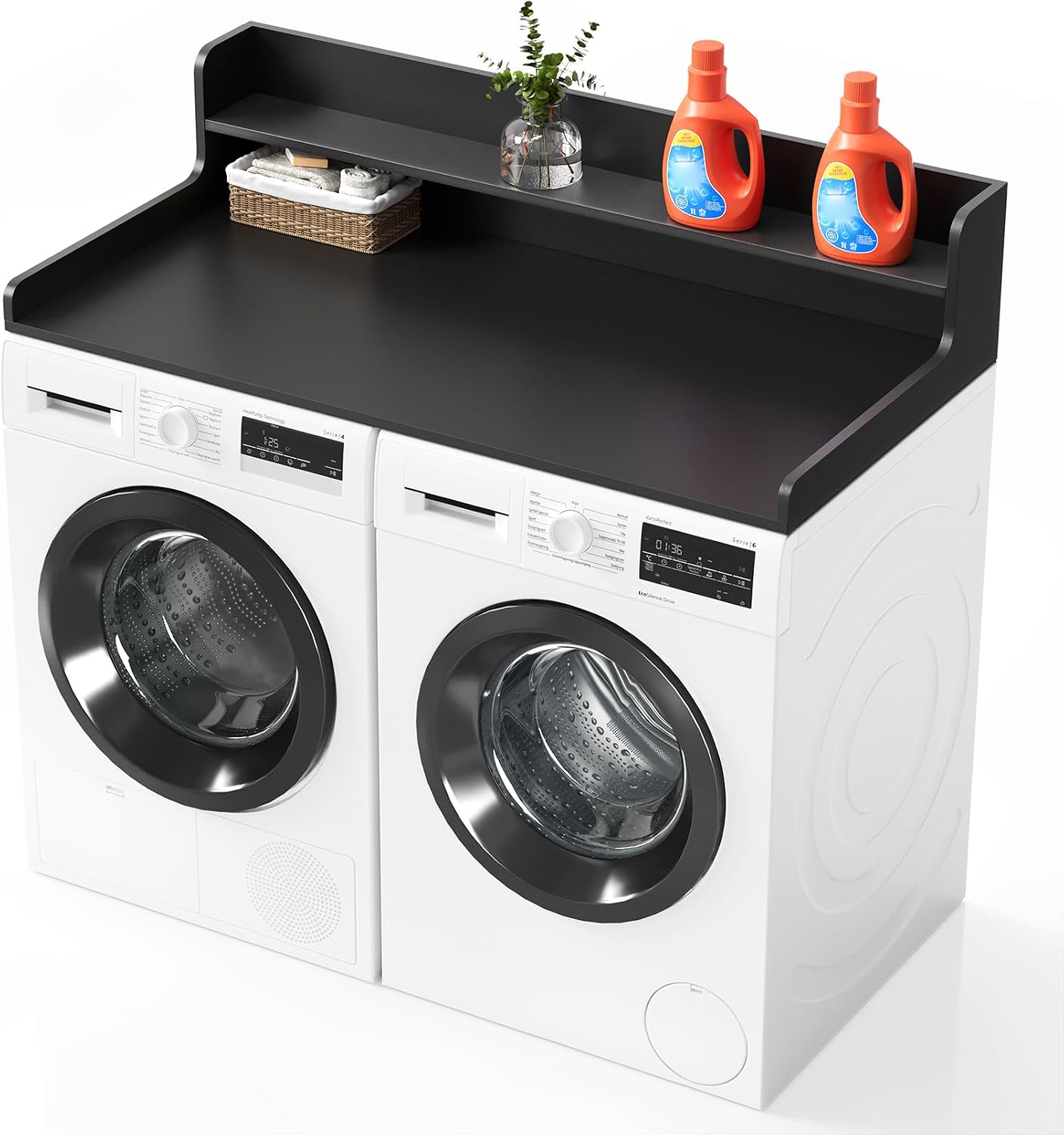 SpaceAid Washer Dryer Countertop with 2-Tier Shelf, Wood Topper with Edge, 54' Width x 27.5' Depth Cover Organizer Guard for Washer and Dryer Counter Laundry Hamper Storage (Black)