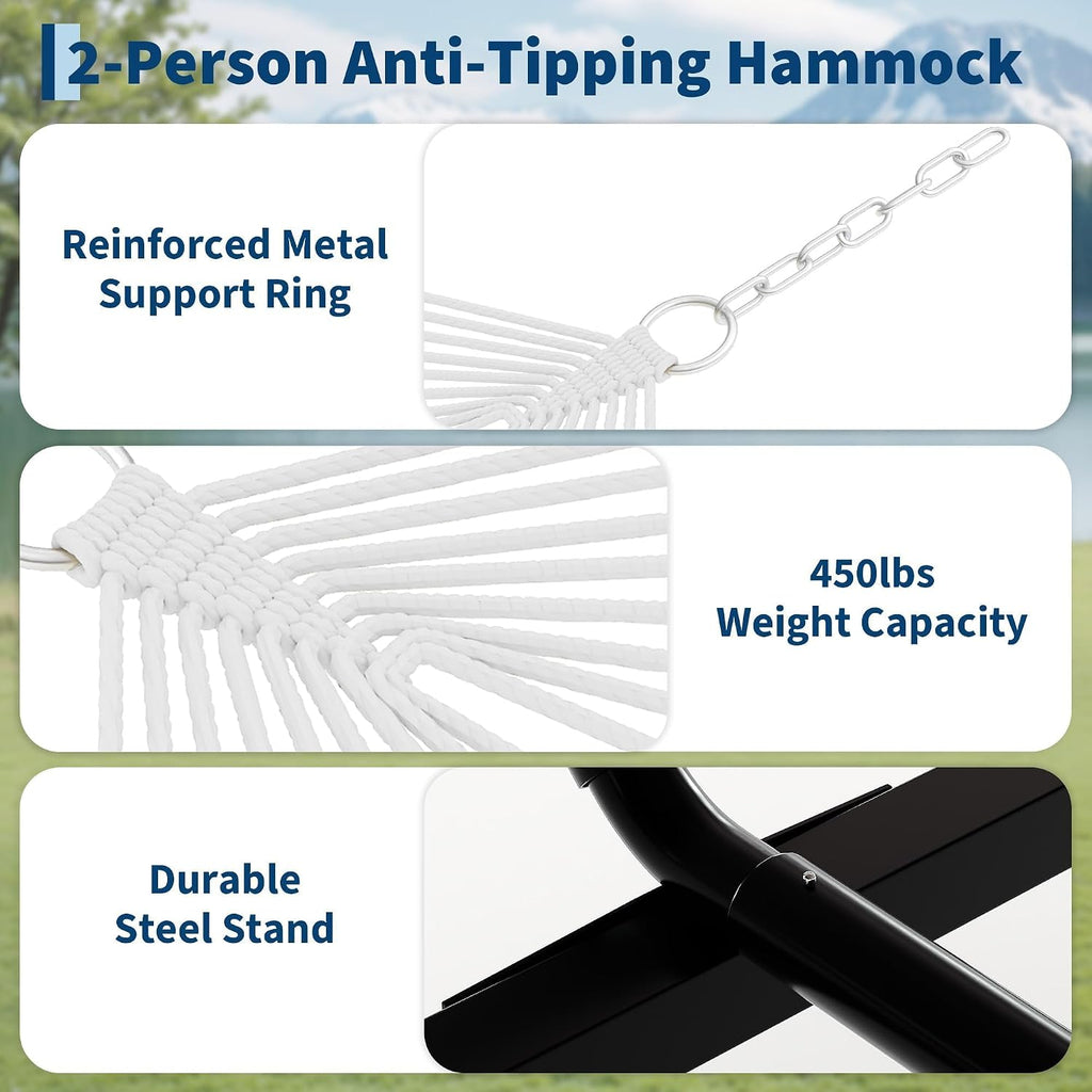 GarveeHome Portable 2 Person Double Hammock with Sturdy Heavy-Duty Steel Stand – 450LBS Max Load, Quick & Effortless Assembly, Perfect for Indoor Living, Yard, Patio & Camping Trips