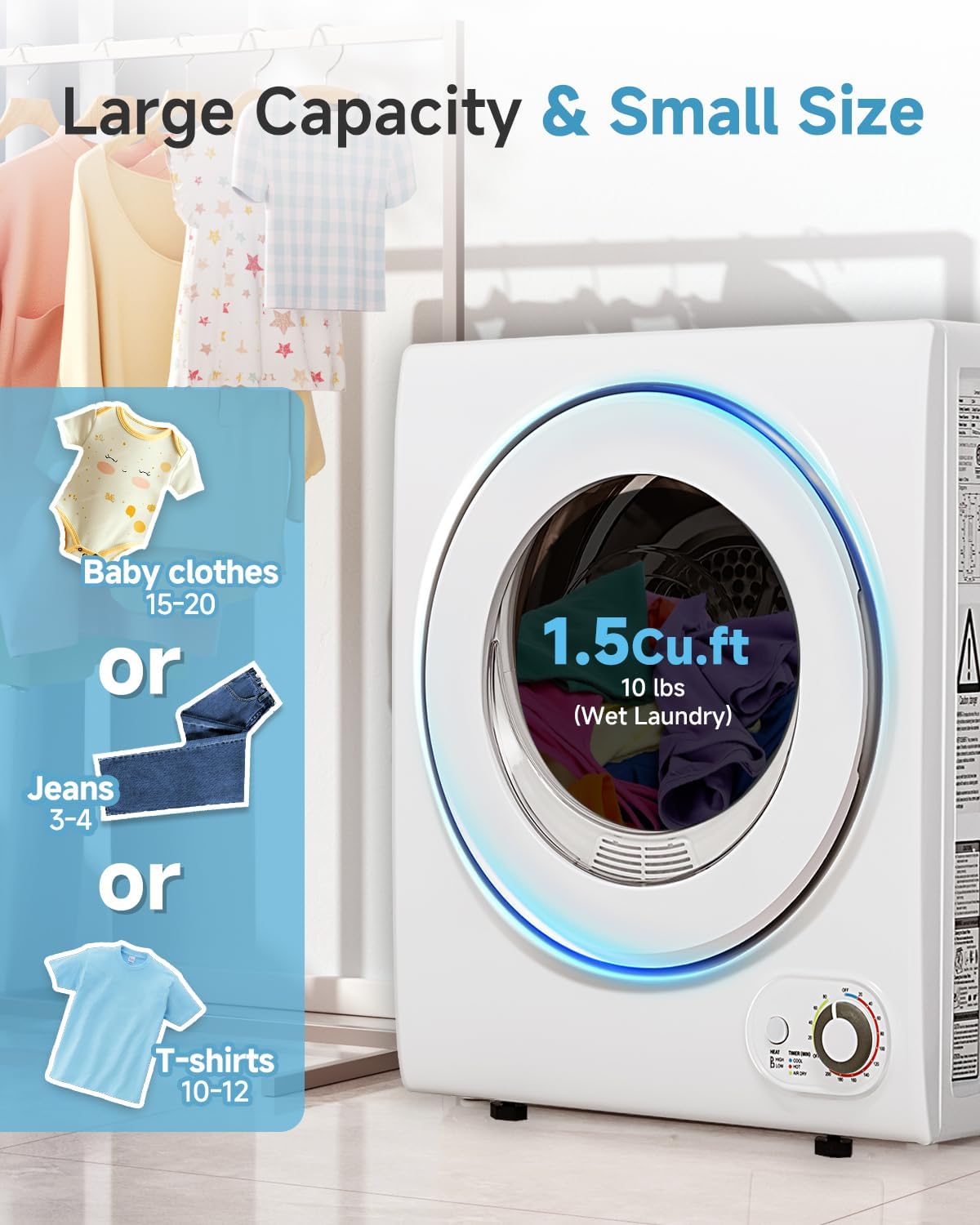 Feelfunn 110V Portable Dryer – 850W Compact Clothes Dryer with 4 Automatic Drying Modes, Stainless Steel Tub, Simple Control Knob for Apartments, Dorms & Small Spaces