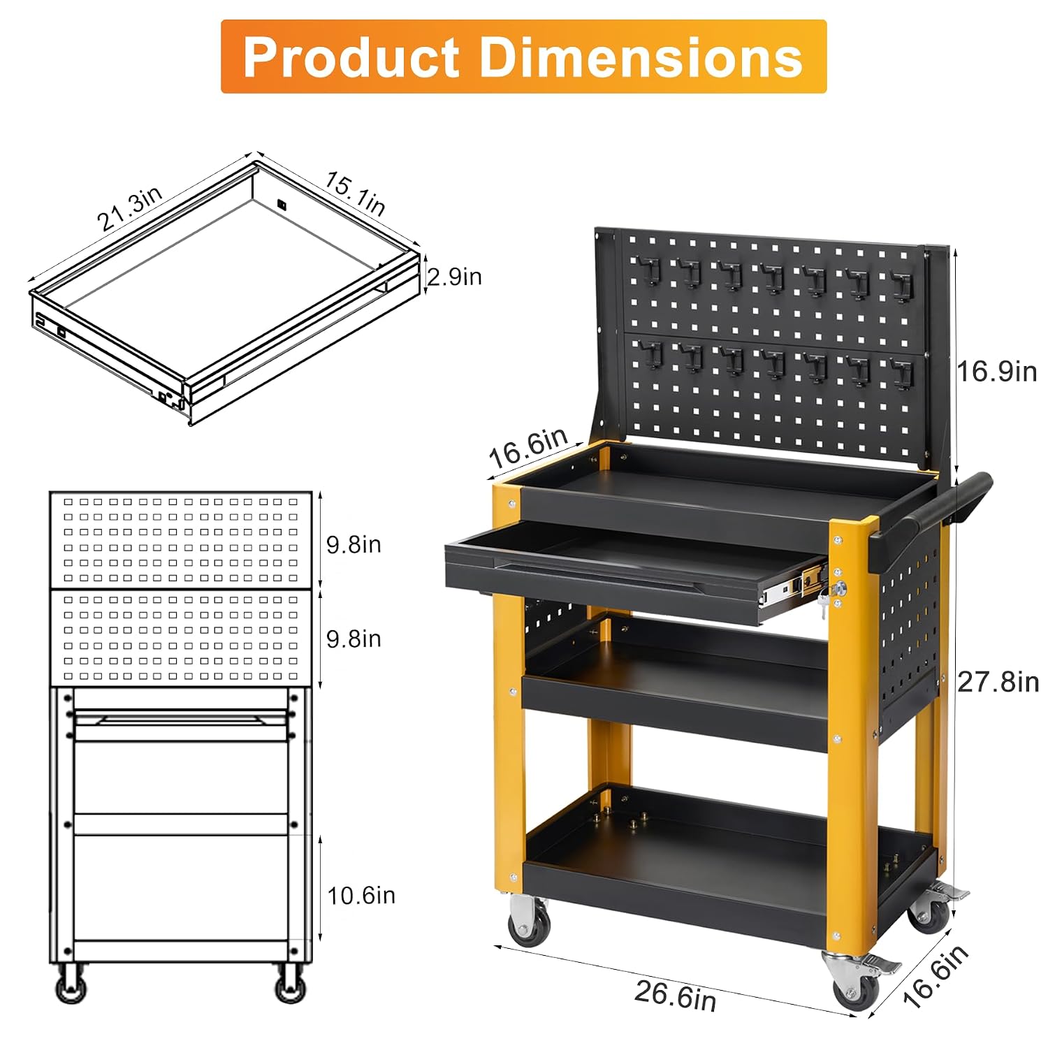3 Tier Heavy Duty Rolling Tool Cart with Lockable Drawers & Nail Plates, 1000LBS Load Capacity Utility Cart on Wheels for Workshop, Warehouse, Garage, Shop, School & Garden