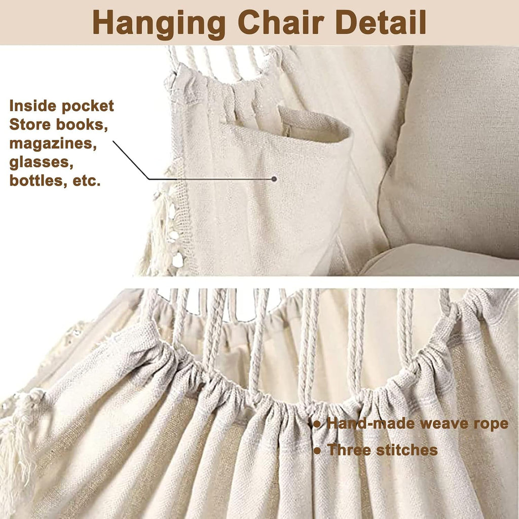 SRHWBF White Hanging Rope Hammock Chair Swing Seat Large Macrame Hanging Chair for Bedroom Patio Porch Yard with 2 Cushions and Storage Bag