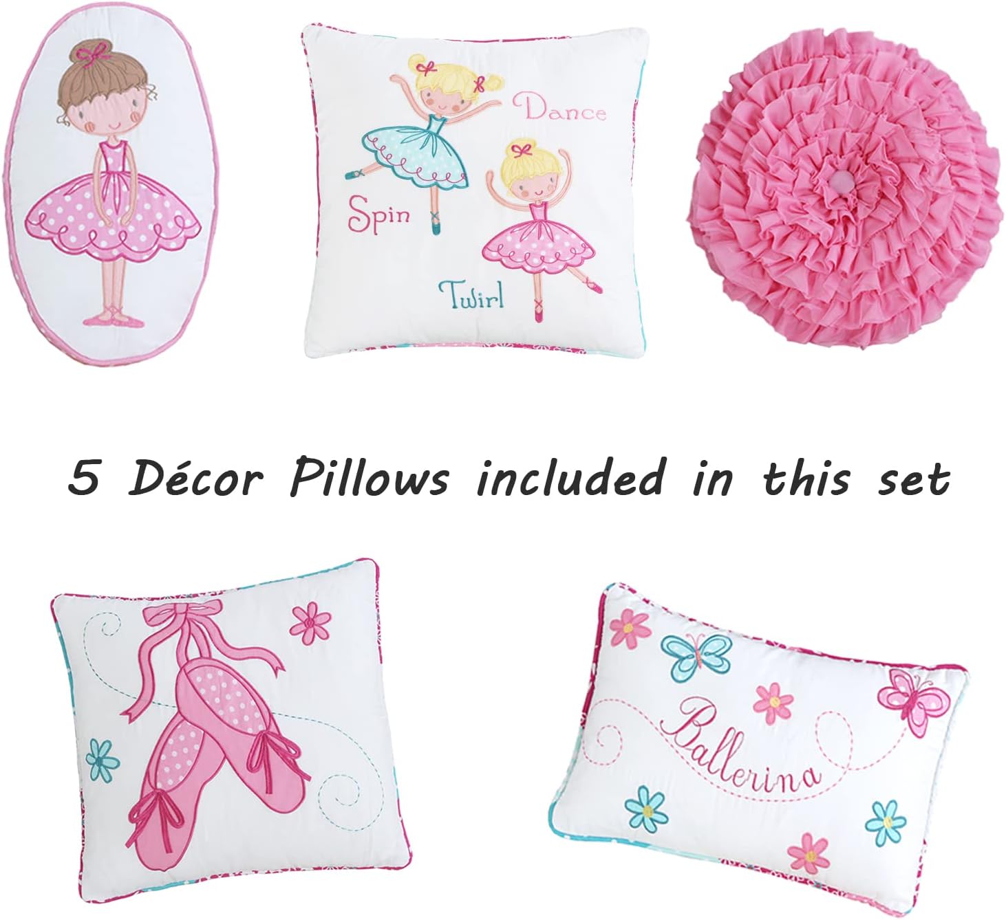 Cozy Line Home Fashions 100% Cotton Ballerina Dance Princess Girl Reversible Bedding Quilt Set, Bedspread Coverlet for All Seasons (Ballerina, Queen+Décor Pillows)