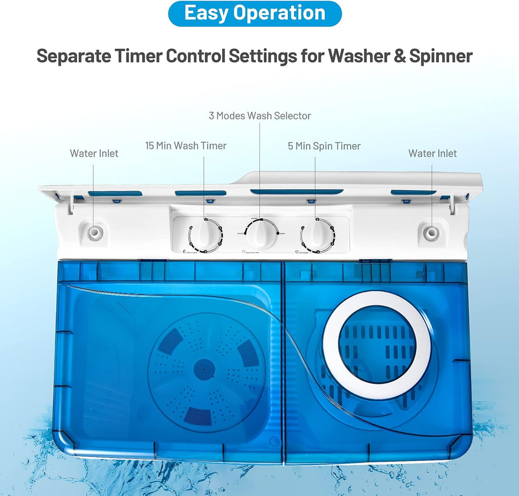 Giantex Washing Machine Semi-automatic, Twin Tub Washer with Spin Dryer, 26lbs Capacity, Built-in Drain Pump, Portable Laundry Washer, Compact Washing Machine for Apartment, Dorm and RV (White+Blue)