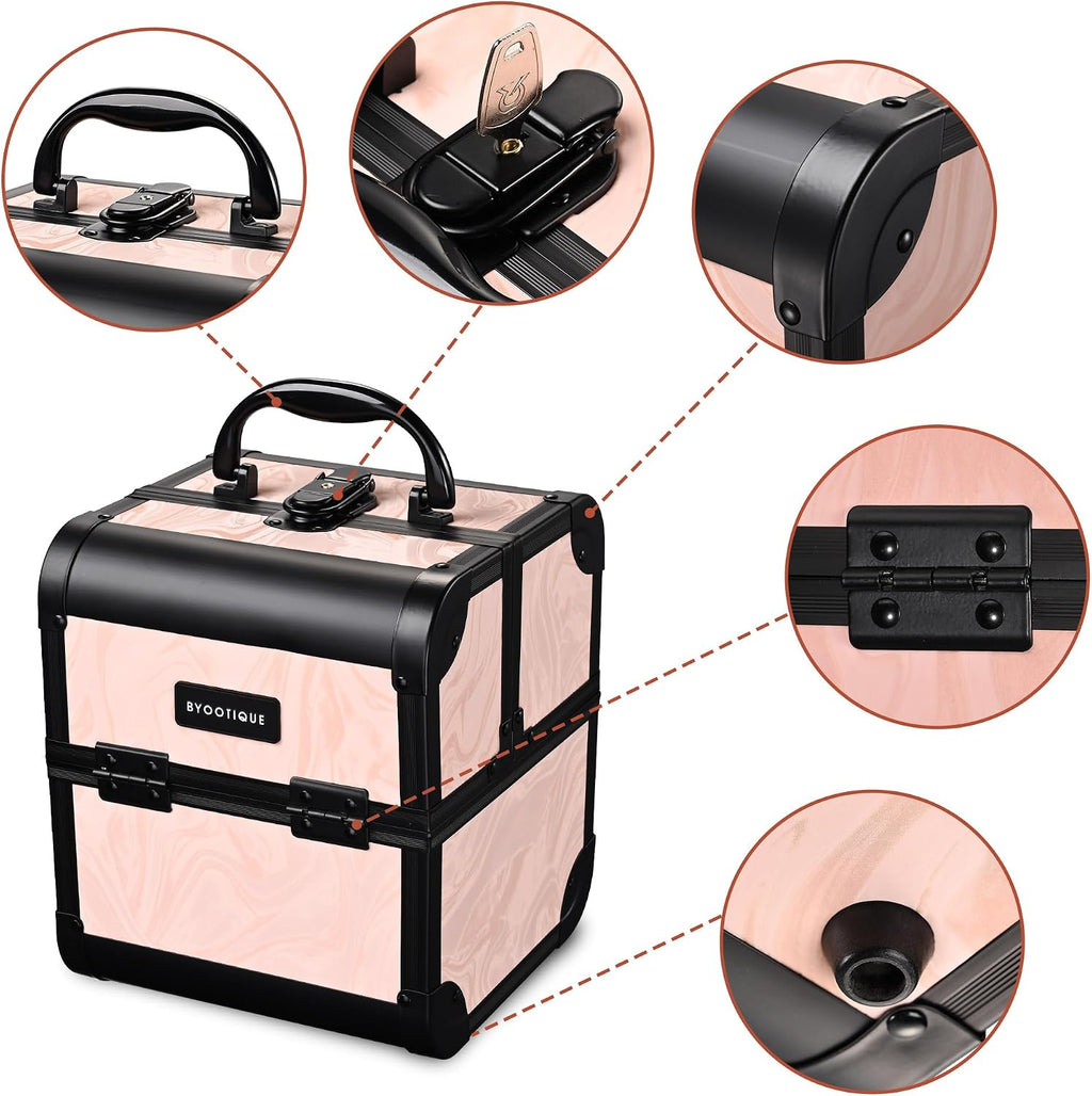 BYOOTIQUE Rolling Makeup Train Case Trolley w/Cube Case Cosmetic Organizer Pink