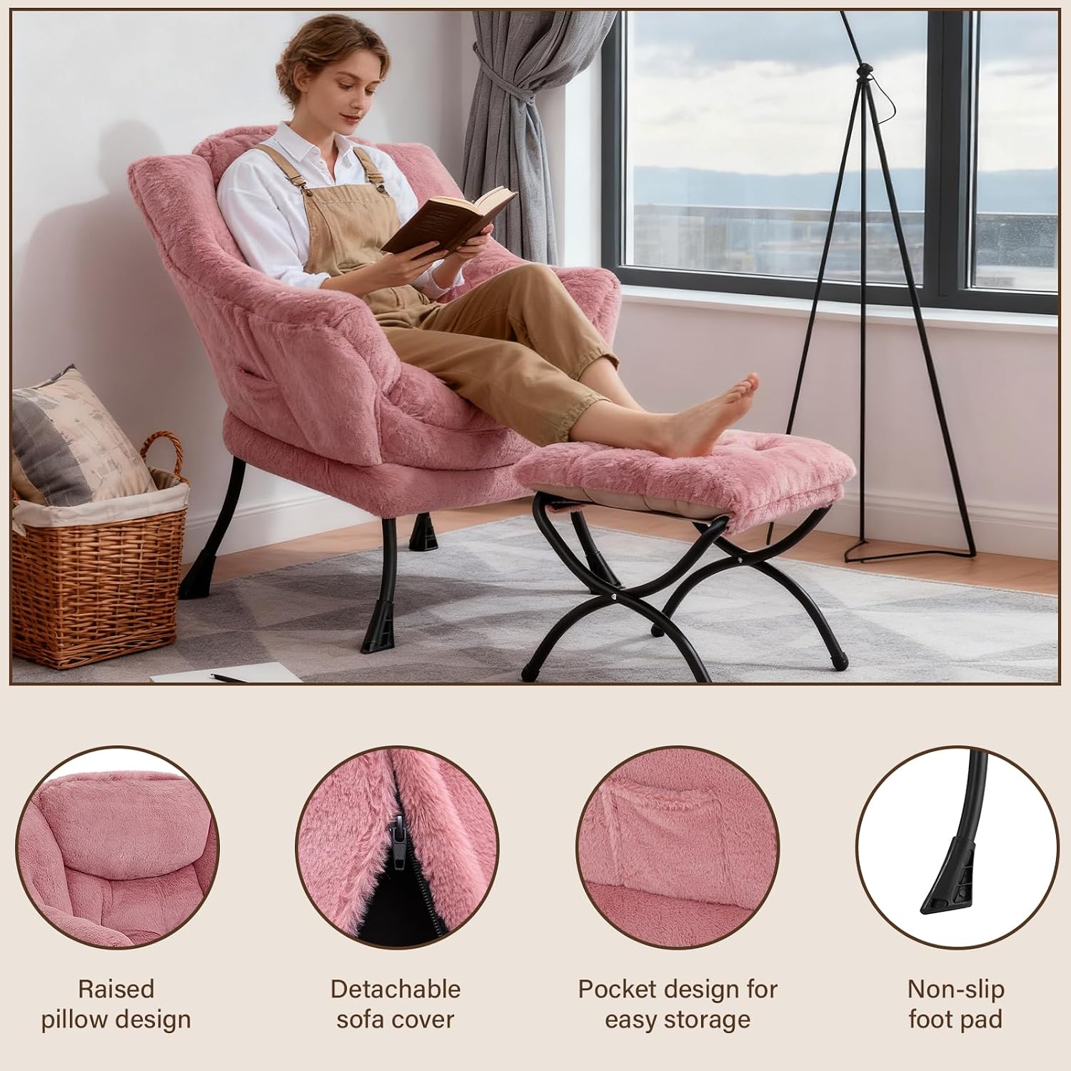 Welnow Lazy Chair with Ottoman, Modern Accent Chair with Armrests and a Side Pocket, Leisure Sofa Armchair Set, Reading Armchair with Footrest for Small Space, Plush Dark Pink