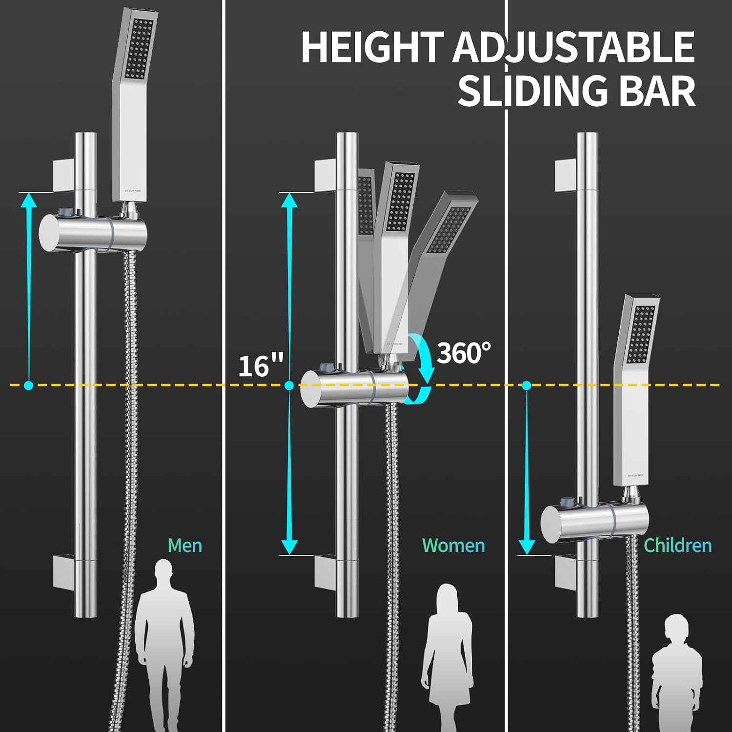 SR SUN RISE 12 Inch Slide Bar Shower System, Square Rain Shower Head and Handheld Spray, Wall Mounted Shower Faucets Sets Complete Included Valve and Shower Trim Kit, Polished Chrome