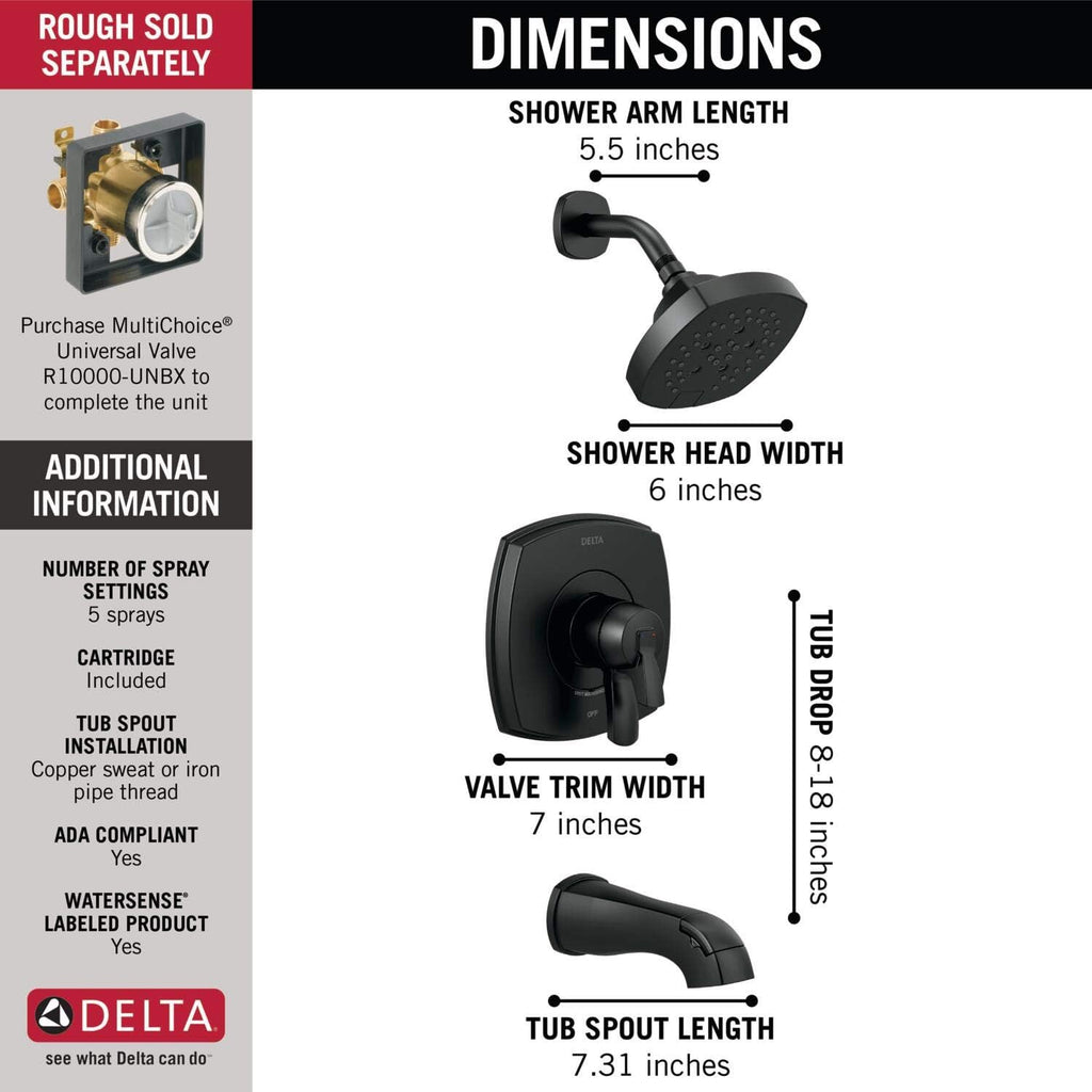 Delta Faucet Stryke 17 Series Dual-Function Tub and Shower Trim Kit, Shower Faucet, Single-Spray H2Okinetic Shower Head, Matte Black T17476-BL (Valve Not Included)