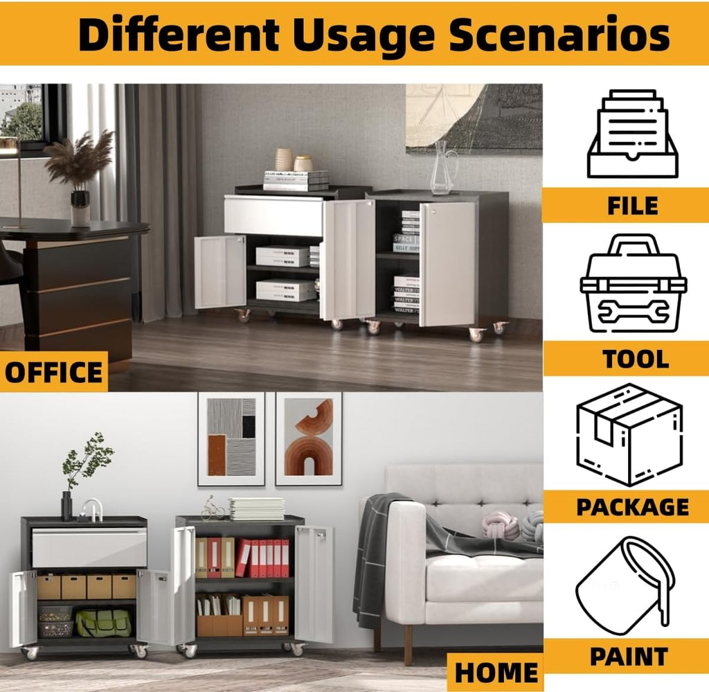 Locking Garage Metal Storage Cabinet on Wheels with 2 Door and 1 Drawer, Rolling Tool Cabinets for Garage, Warehouse, Utility Room, Black/Gray, Assembly Required