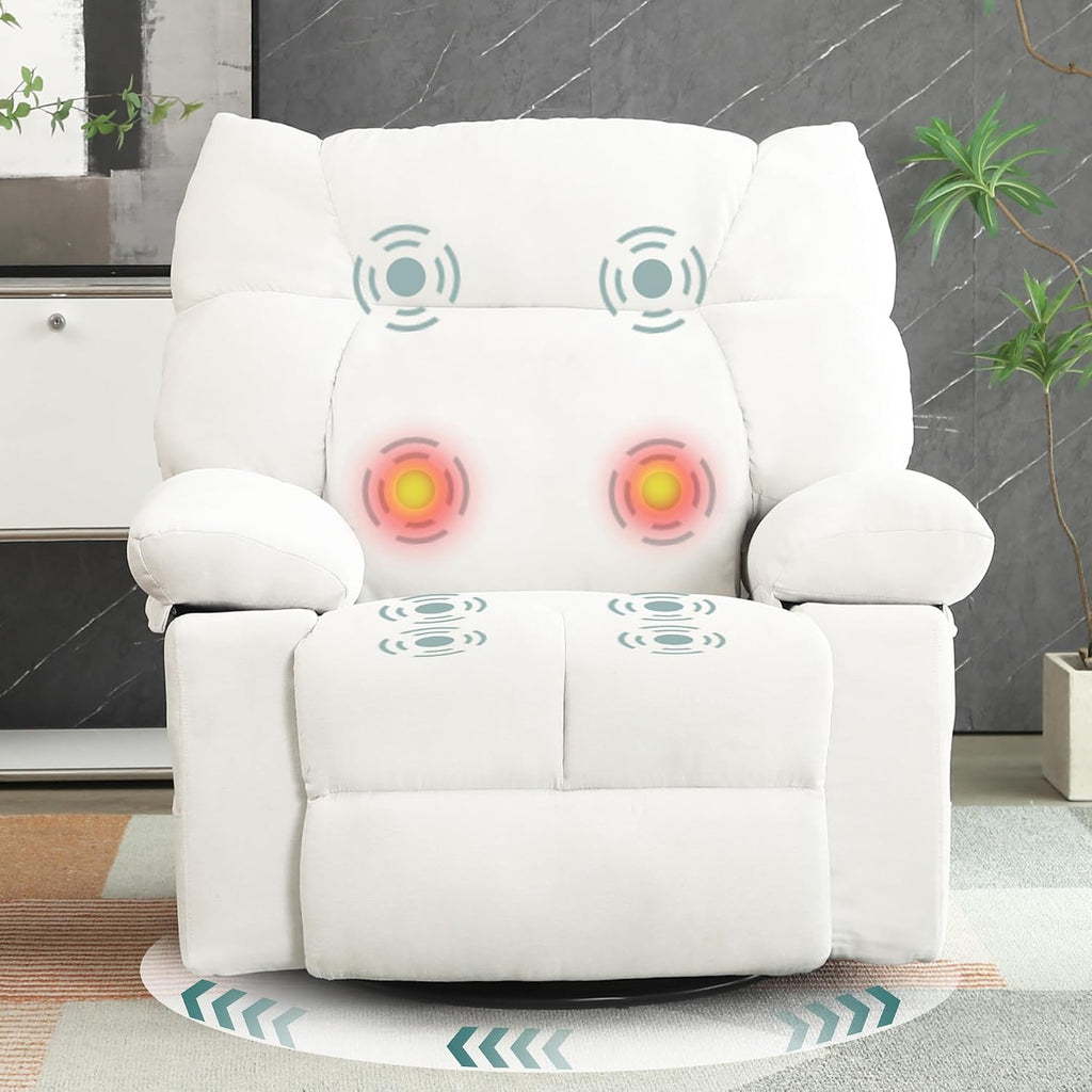 Power Swivel Rocker Recliner Chair Oversized for Adults, Electric Heated & Massage Chair Recliner with USB/Type-C, Fabric Nursery Recliner for Living Room,Bedroom, White