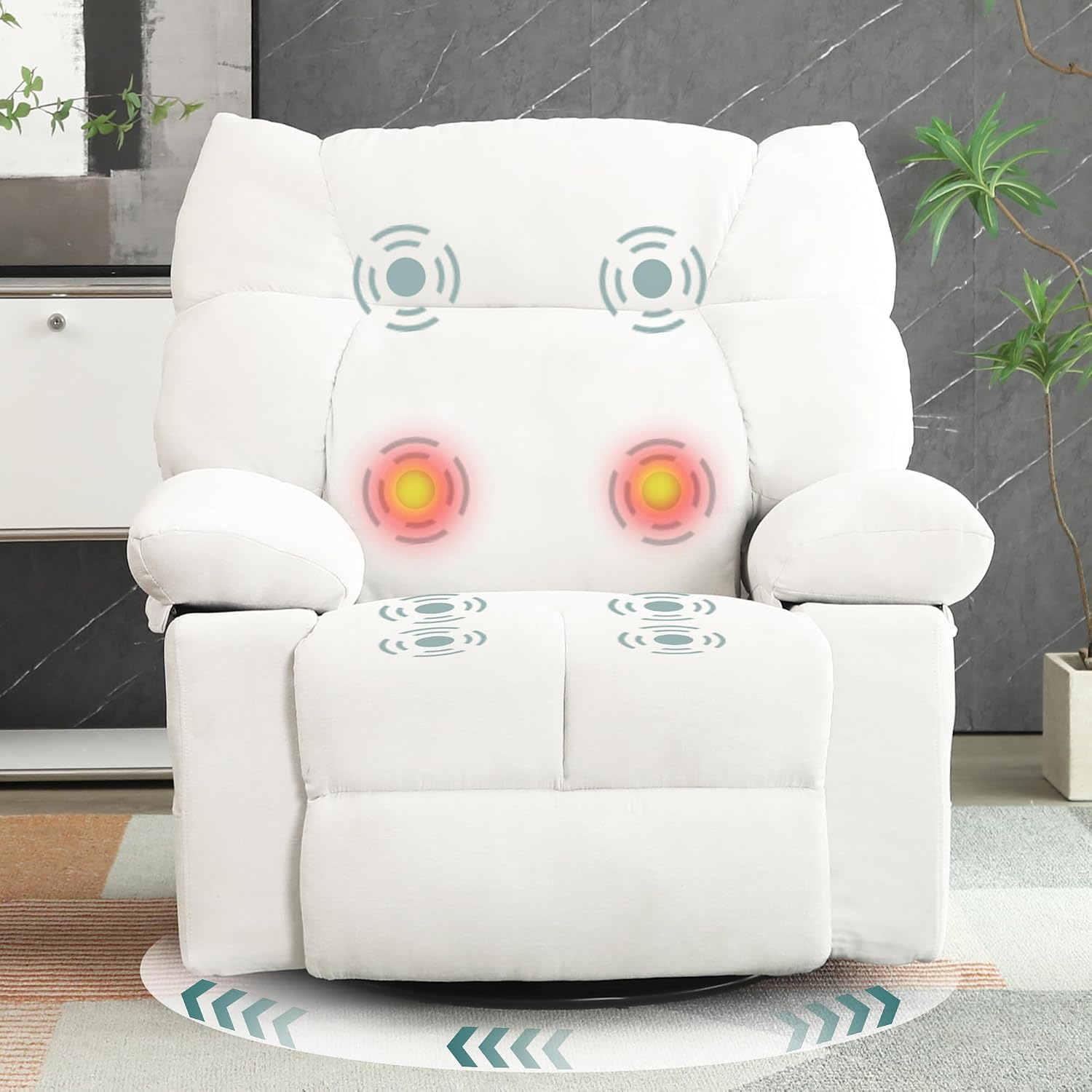 Power Swivel Rocker Recliner Chair Oversized for Adults, Electric Heated & Massage Chair Recliner with USB/Type-C, Fabric Nursery Recliner for Living Room,Bedroom, White