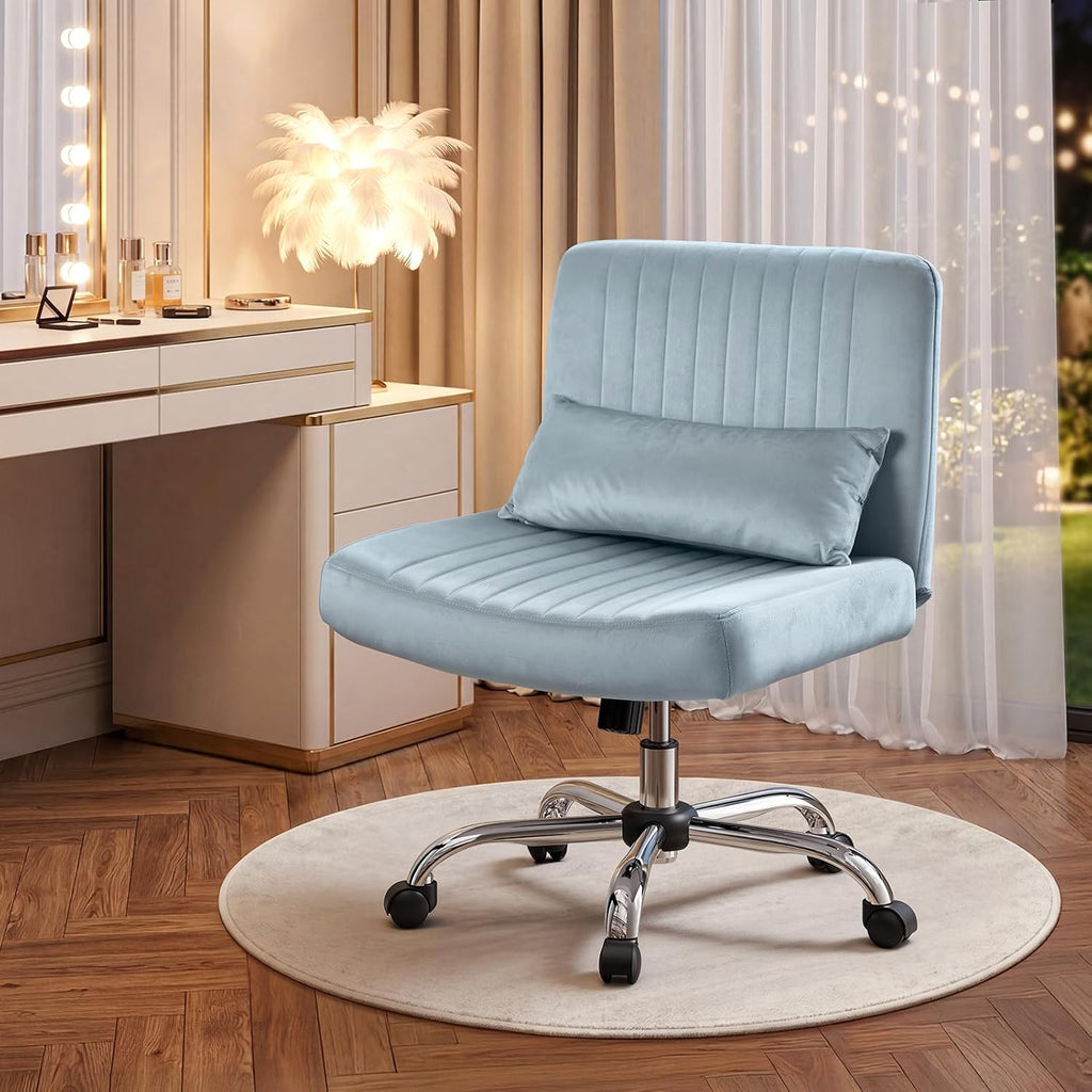 Criss Cross Office Chair with Wheels, Velvet Cross Legged Desk Chair for Bedroom, Armless Computer Chair, Modern Vanity Chair, Festival for Adults, Velvet Dusk Blue