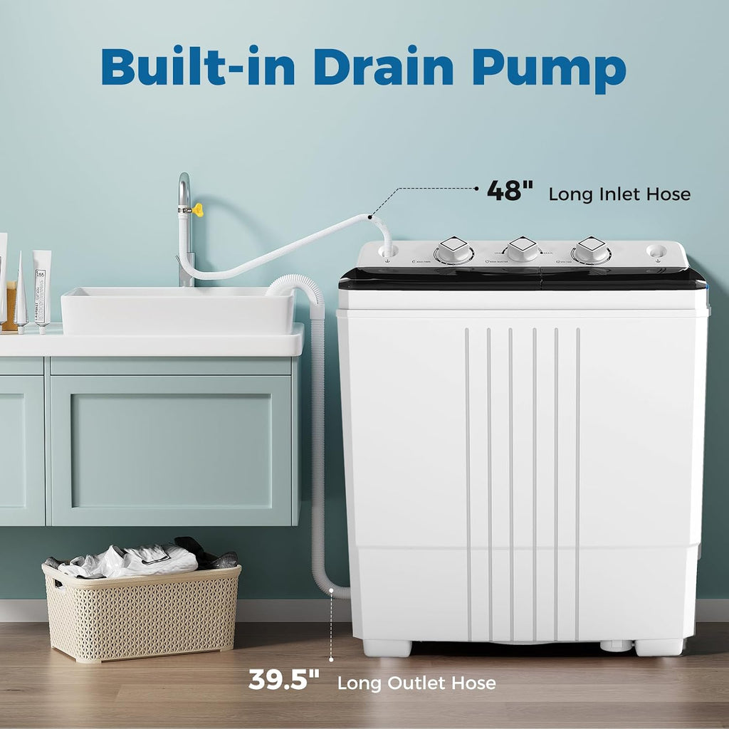 COSTWAY Portable Washing Machine, Twin Tub 20 Lbs Capacity with Drain Pump, Laundry Washer 12 Lbs and Spinner 8 Lbs with Timer Control, Perfect for Apartment Dorm RV, Black+White