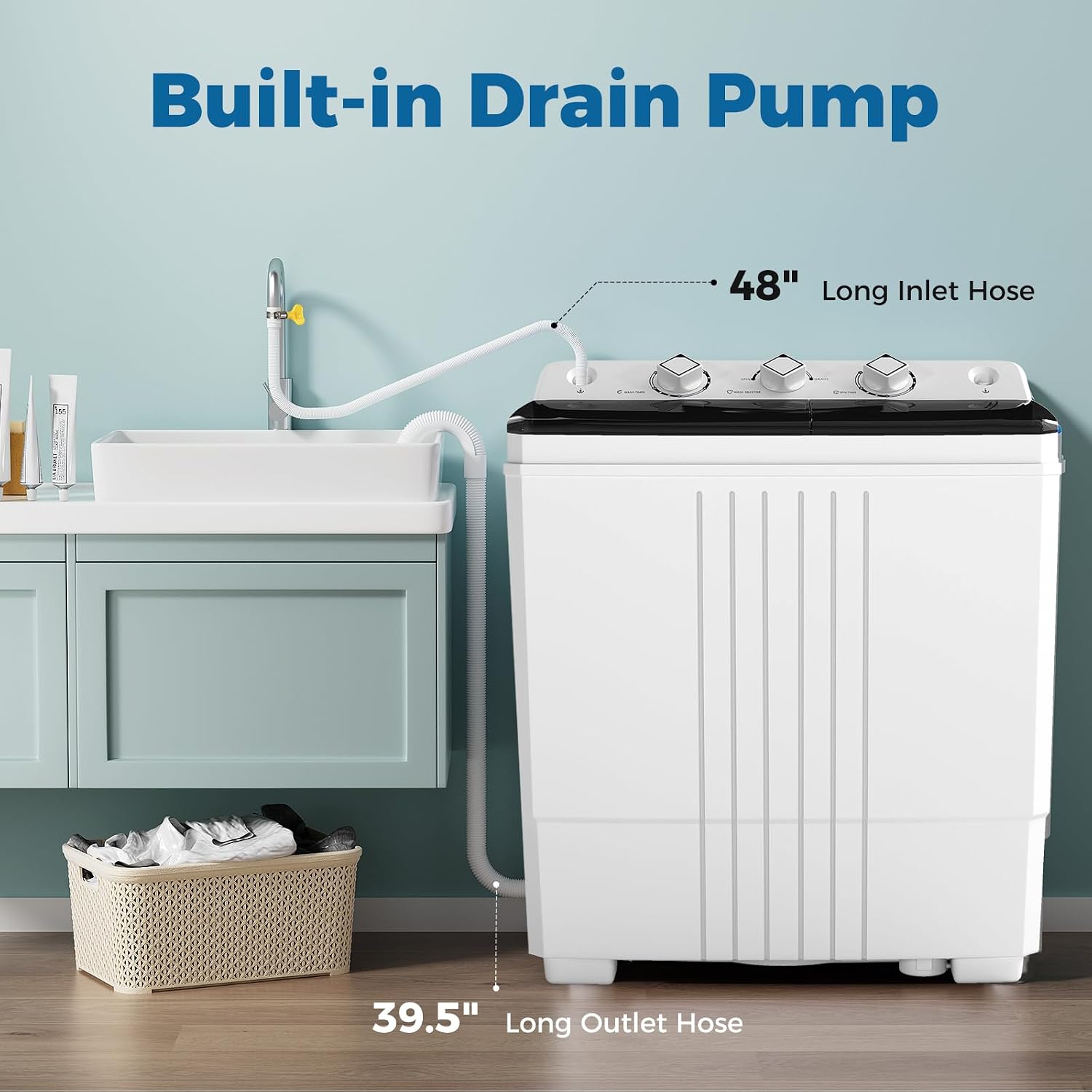 COSTWAY Portable Washing Machine, Twin Tub 20 Lbs Capacity with Drain Pump, Laundry Washer 12 Lbs and Spinner 8 Lbs with Timer Control, Perfect for Apartment Dorm RV, Black+White