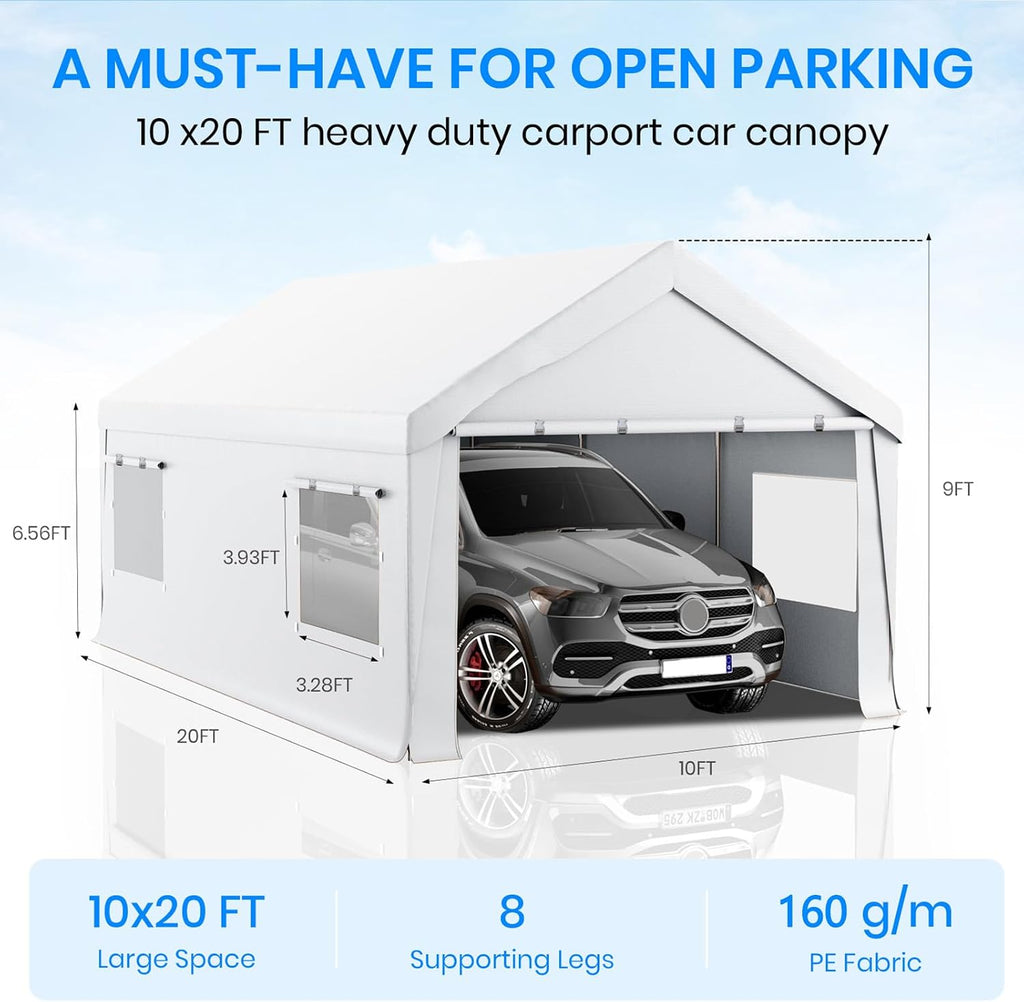 Carport 10x20 Heavy Duty Portable Garage,Carport Canopy with Roll-Up Windows & Doors,Portable Garage and Shelter with Removable Sidewalls,Car Tent Garage with All-Season Tarp for Bike Truck Lawnmower
