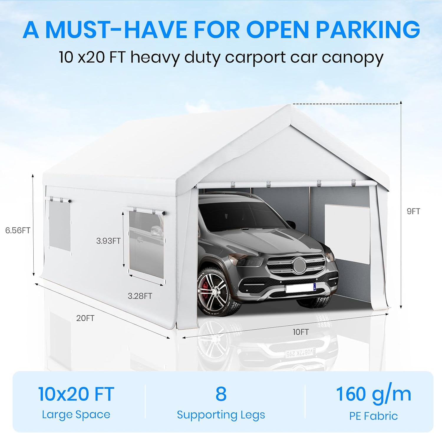 Carport 10x20 Heavy Duty Portable Garage,Carport Canopy with Roll-Up Windows & Doors,Portable Garage and Shelter with Removable Sidewalls,Car Tent Garage with All-Season Tarp for Bike Truck Lawnmower