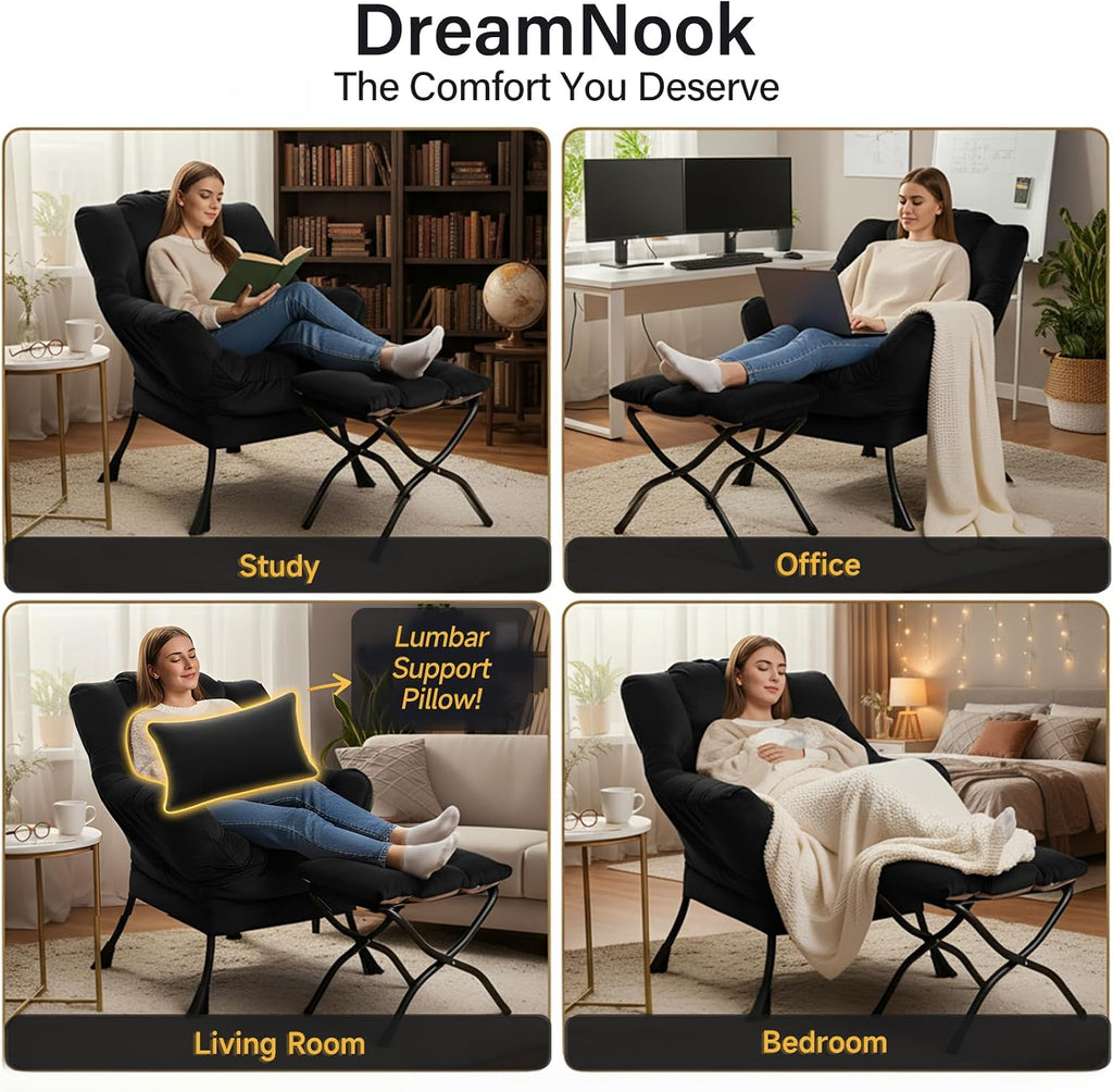 Lazy Chair with Ottoman, Modern Accent Chair with Lumbar Pillow, Velvet Black Sofa, Armchairs with Folding Footrest, Oversized Supportive Chairs for Bedroom, Reading