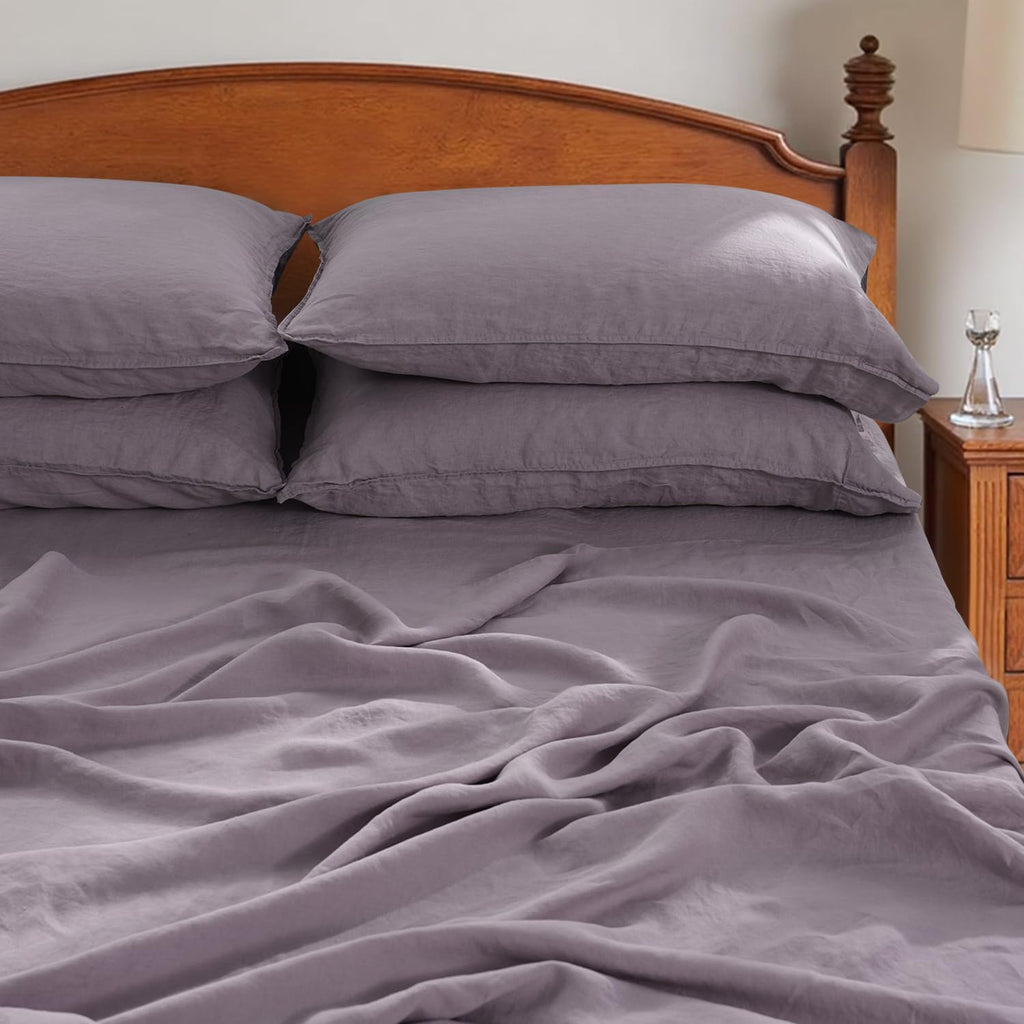 S VICTORY SYMBOL 100% Organic Linen Sheets Set King Size,Washed French Flax Bed Sheets 4 Pieces(2 Pillowcases,1 Fitted Sheet,1 Flat Sheet) 16inch Deep Pockt,Breathable,Dusty Purple