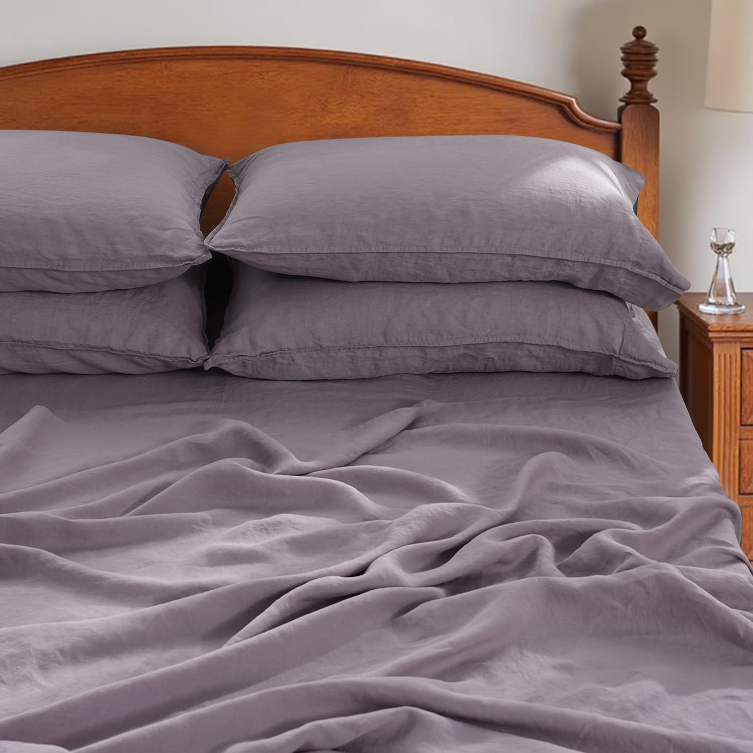 S VICTORY SYMBOL 100% Organic Linen Sheets Set King Size,Washed French Flax Bed Sheets 4 Pieces(2 Pillowcases,1 Fitted Sheet,1 Flat Sheet) 16inch Deep Pockt,Breathable,Dusty Purple