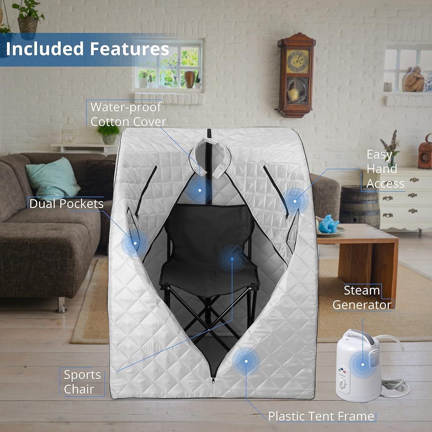 Durasage Oversized Portable Personal Steam Sauna Spa with 800W Steam Generator, 60-Minute Timer, Dual Pockets, Zippered Hand Openings & Chair for at-Home Relaxation (Silver, 33'x31.5'x41')