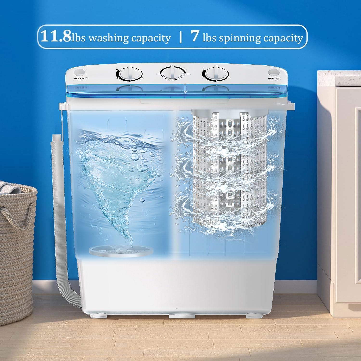 Erivess Portable Twin Tub 18lbs Washing Machine with Drying Rack, 11lbs Washer Mini Compact Laundry Machine with 7lbs Spinner, Semi-automatic Washer Combo for Dorms, Apartments
