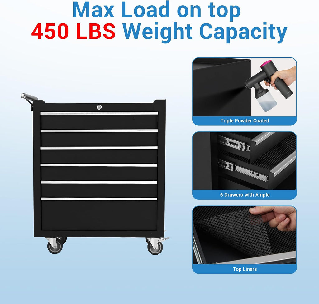 6-Drawer Rolling Tool Chest, Rolling Tool Box with Wheels and Lock System, Portable Mobile Tool Storage Cabinet for Garage, Workshop, Mechanics and Repair Room