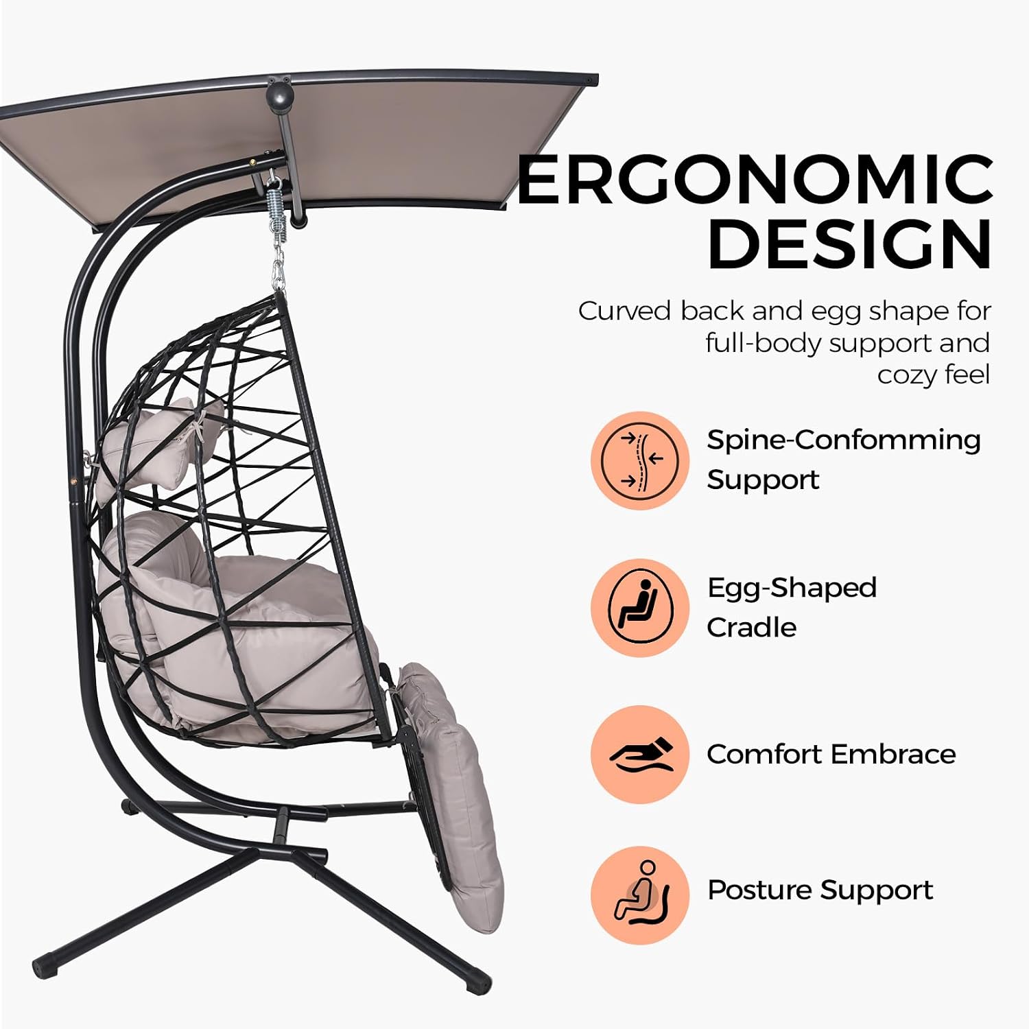 Double Egg Chair Outdoor with Stand & Canopy, 2 Person Hanging Egg Chair with Footrest, Oversized Rattan Wicker Egg Swing Chair with Lights for Bedroom Garden, 660Lbs, Black-Light Gray