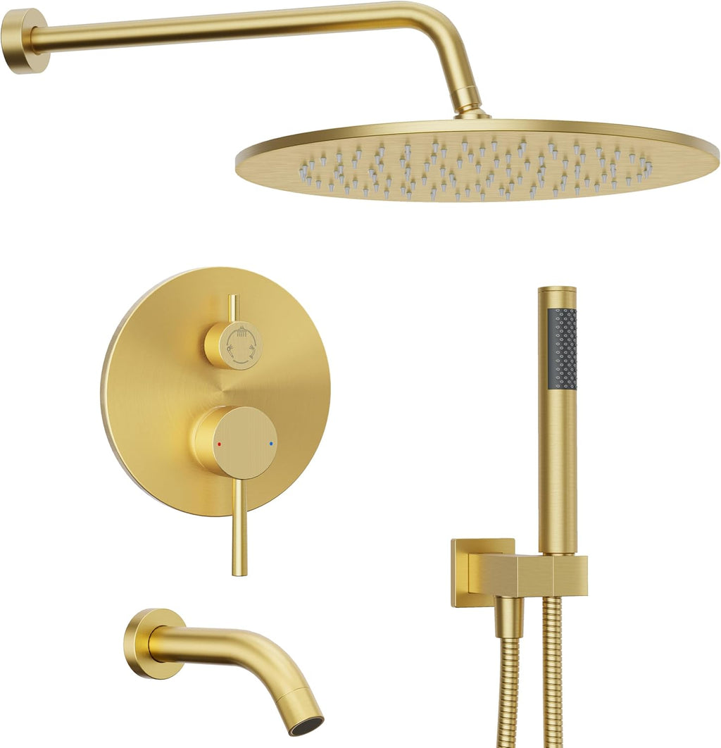 Gabrylly Brushed Gold Bathtub Shower Faucet Set with Tub Spout, 10 Inch Wall Mounted High Pressure Rainfall Shower Head with Handheld Combo, 3-Way Diverter Valve Complete Bathroom Shower Fixtures