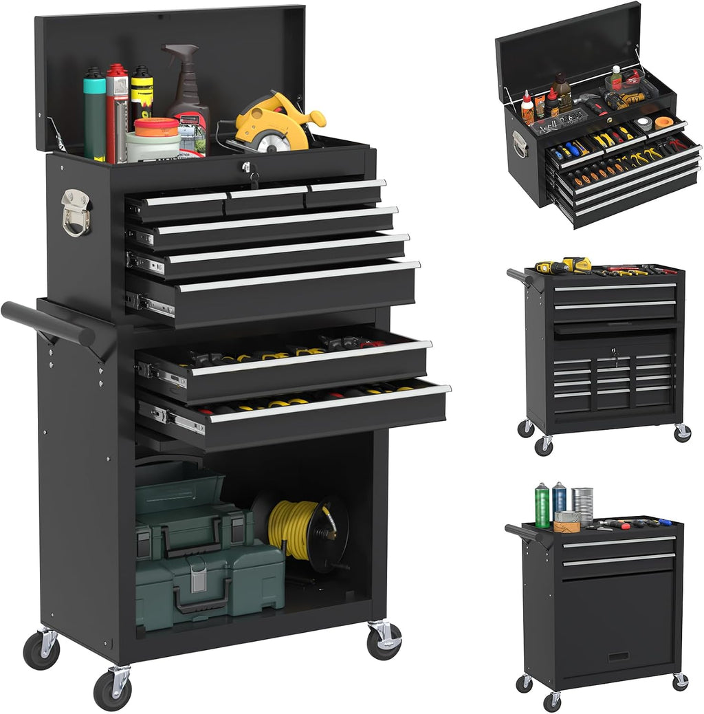 Rolling Tool Box with Wheels, 8-Drawer High Capacity Tool Chest with Wheels, Removable Storage Toolbox with Lock for Garage, Workshop (Black)