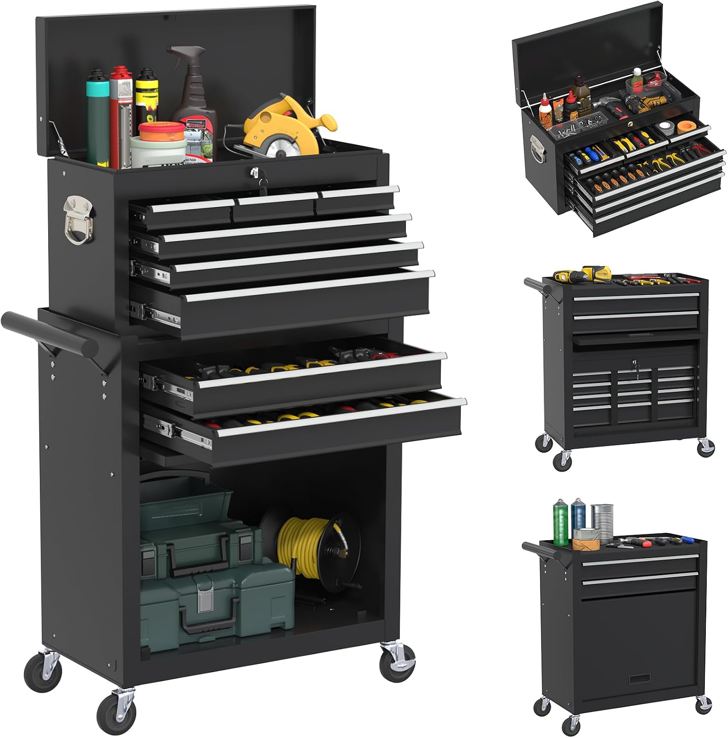 Rolling Tool Box with Wheels, 8-Drawer High Capacity Tool Chest with Wheels, Removable Storage Toolbox with Lock for Garage, Workshop (Black)