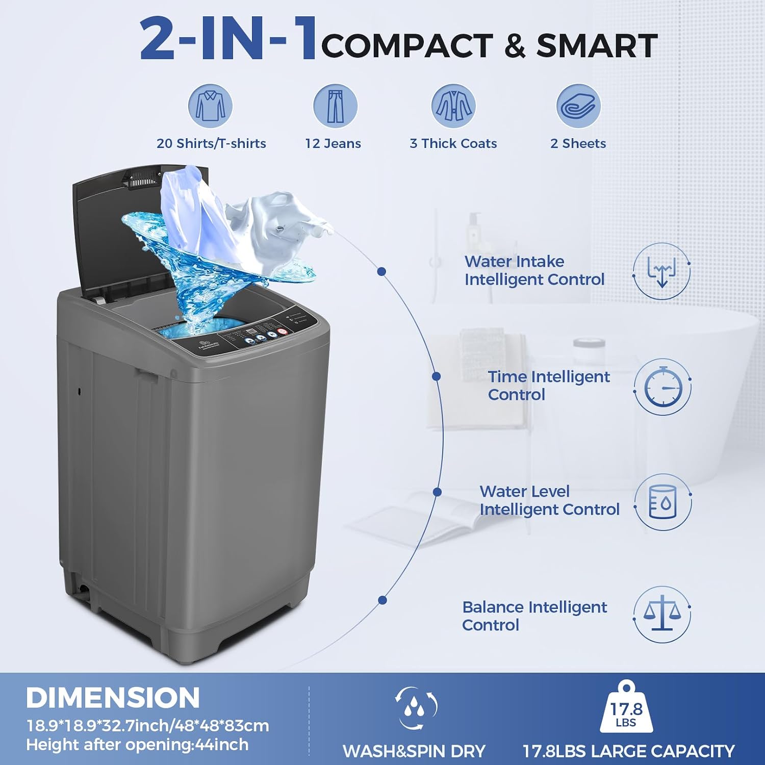 Nictemaw Portable Washing Machine, 17.8Lbs Portable Washer Machine, 2.4Cu.ft Compact Laundry Washer and Dryer Combo with Drain Pump, 10 Wash Programs 8 Water Levels for Apartment RV Dorm