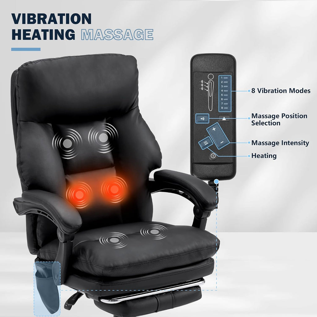 HOMREST Ergonomic Office Chair with 6-Point Massage & Heating, Adjustable Executive Desk Chairs with Retractable Footrest, PU Leather Home Office Desk Chair for Home & Office (Black)