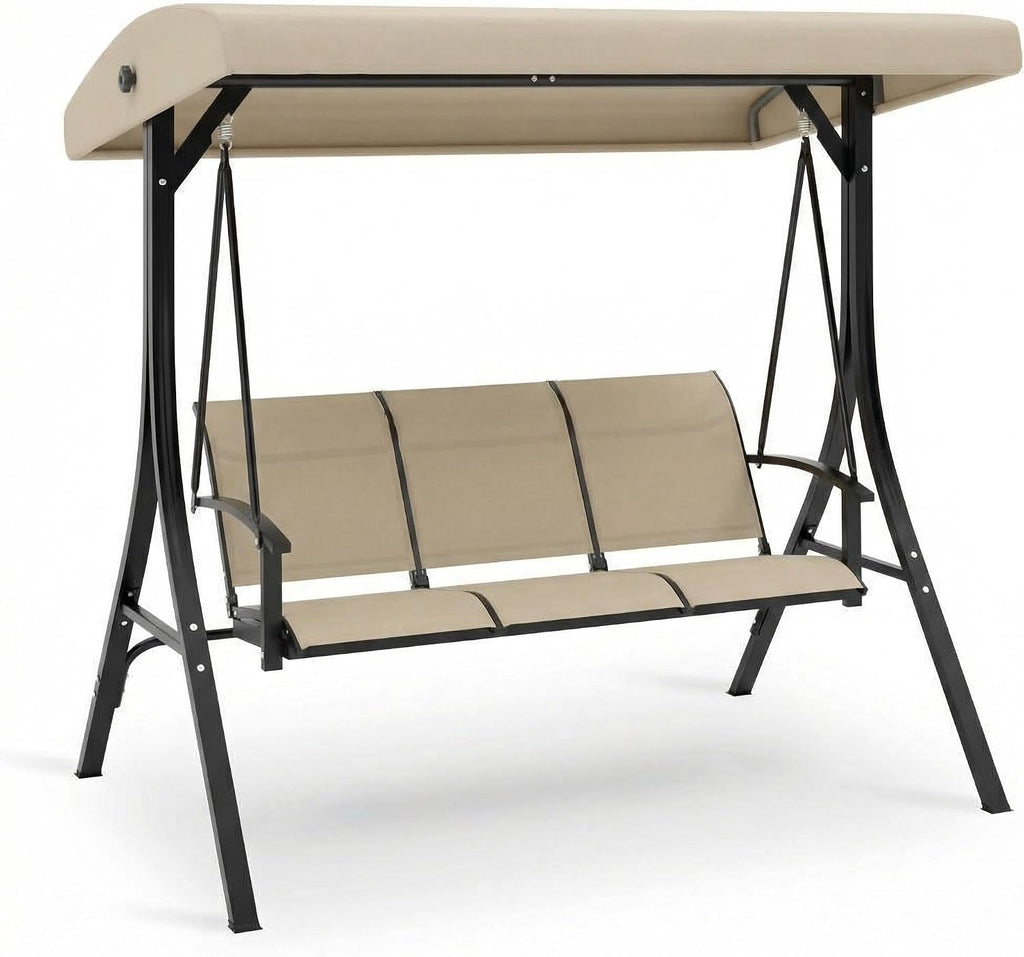 GarveeLife 3-Seat Patio Swing Chair, Outdoor Porch Hanging Chairs with Adjustable Canopy and Armrests, Breathable Textilene Fabric Seat & Backrest, Swing Bench for Garden, Poolside, Backyard, Beige