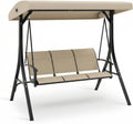 GarveeLife 3-Seat Patio Swing Chair, Outdoor Porch Hanging Chairs with Adjustable Canopy and Armrests, Breathable Textilene Fabric Seat & Backrest, Swing Bench for Garden, Poolside, Backyard, Beige