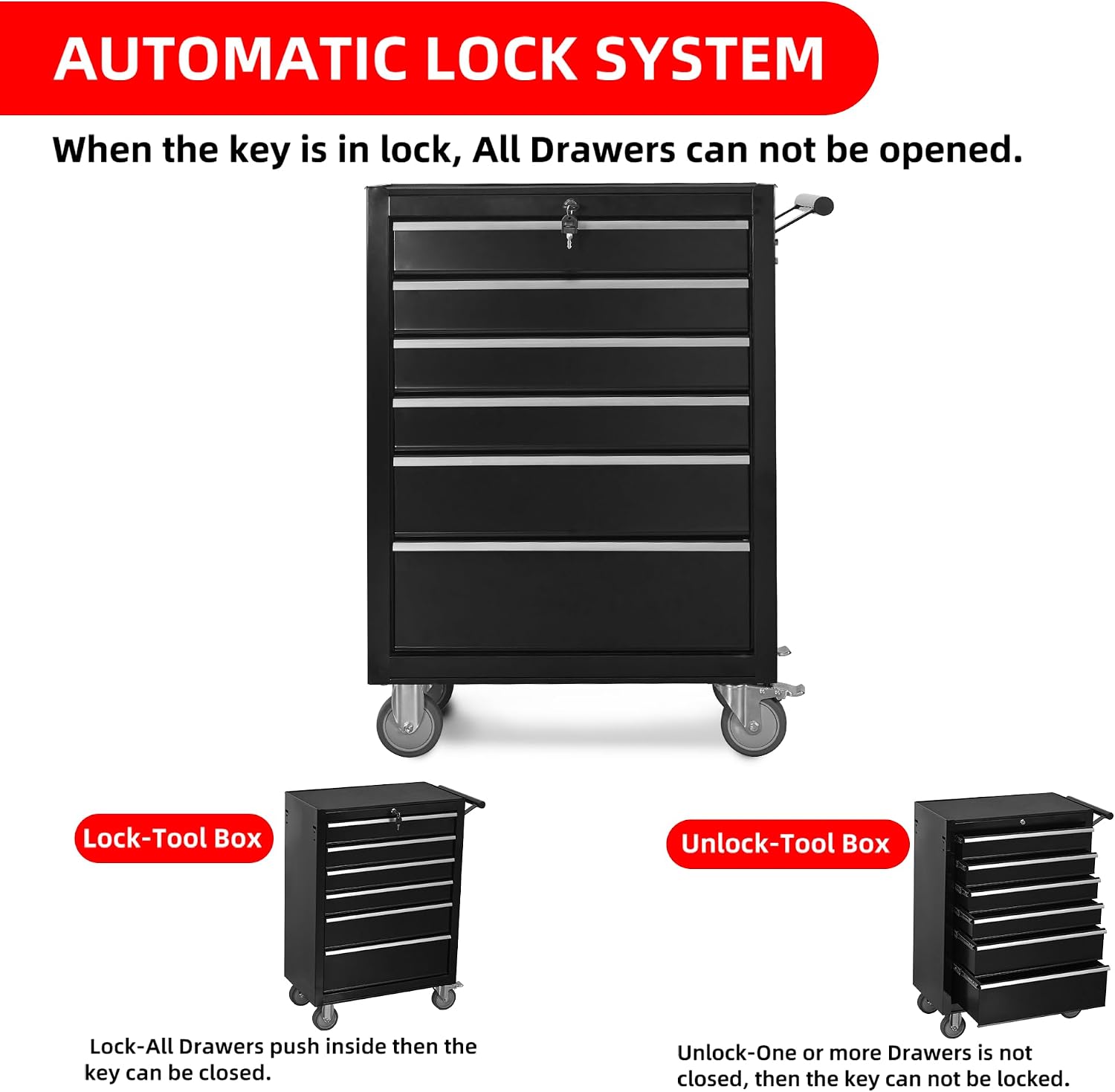 LuckyNote】6-Drawer Rolling Tool Chest Cabinet, Large Capacity Metal Tool Box with Wheels and Locking, Roll Around Storage Organizer Tool Cart for Garage, Warehouse, Work Shop - Black,24.2x13x34.6