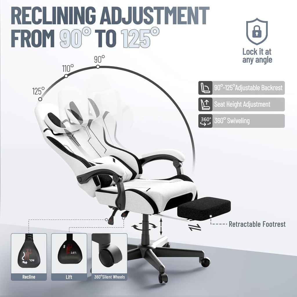 Ferghana Gaming Chair, Cloth Fabric Ergonomic Computer Chair with Massage Lumbar Support, High Back Office Game Chair with Footrest and Linkage Armrest for Adult, White/Black
