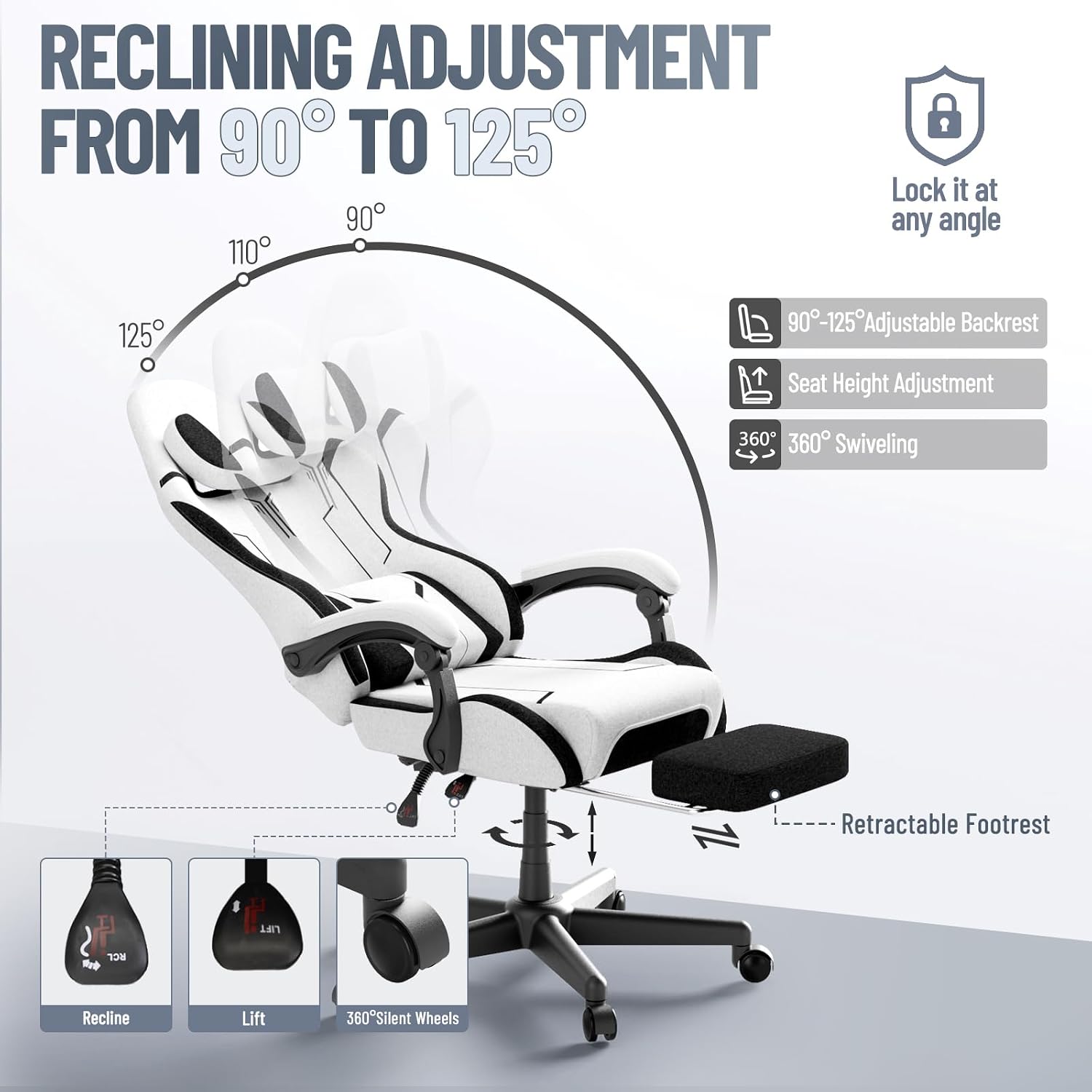 Ferghana Gaming Chair, Cloth Fabric Ergonomic Computer Chair with Massage Lumbar Support, High Back Office Game Chair with Footrest and Linkage Armrest for Adult, White/Black