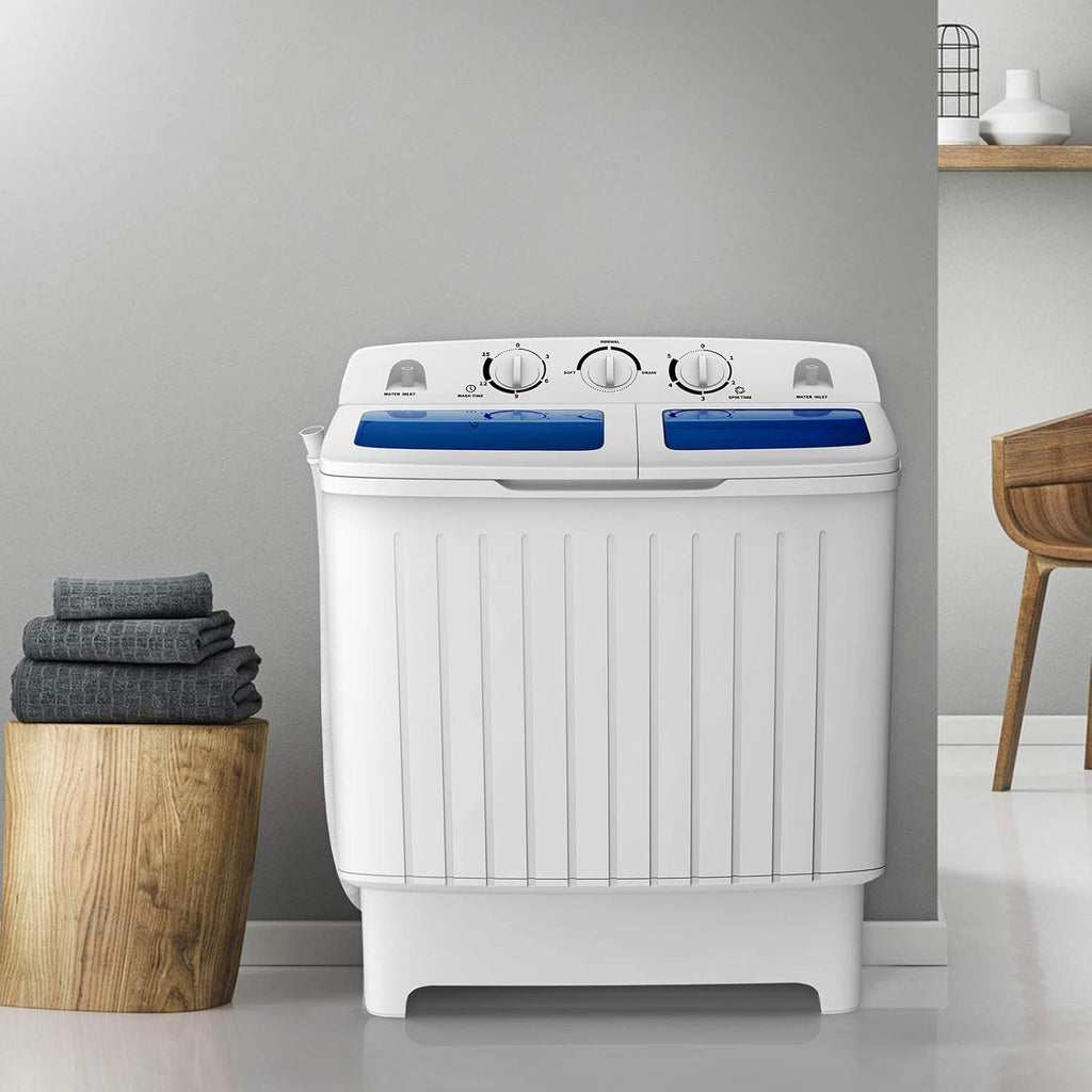 COSTWAY Portable Washing Machine, Twin Tub 20 Lbs Capacity, Compact Laundry Washer(12 Lbs) and Spinner(8 Lbs), Durable Design, Timer Control, Perfect for RV, Apartments and Dorms, Blue+White