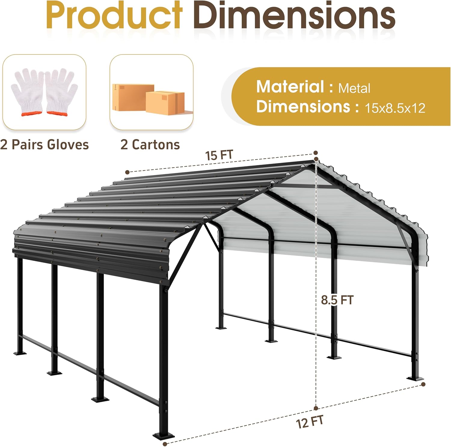 JAMFLY Carport, Heavy Duty Carport Canopy with Galvanized Steel Roof and Frame, Metal Car Garage Upgraded Extra Large Garage for Pickup, Boat, Car and Tractors, 12x15FT Grey