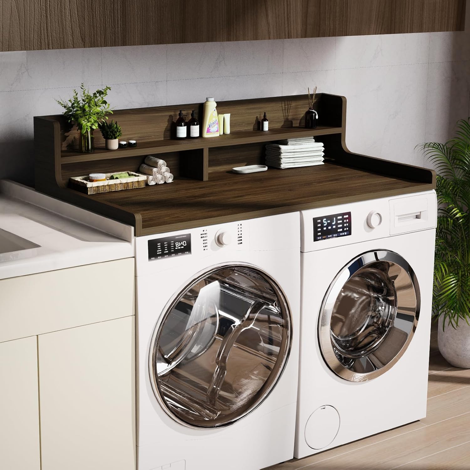 Washer Dryer Countertop, 54' x 27.55' 2-Tier Washer Dryer Topper with Edge, for Laundry Room Organization Walnut Brown