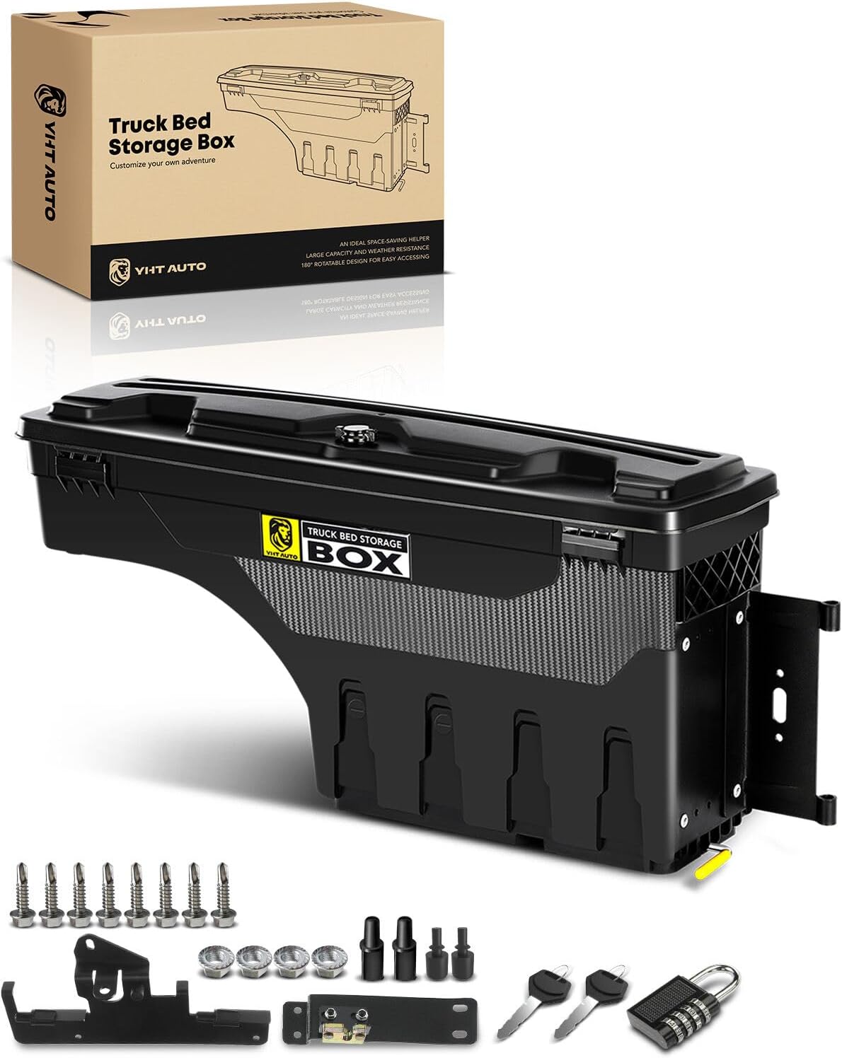 YHTAUTO Truck Bed Storage Tool Box Lockable Compatible with Toyota Tacoma 2005-2023, Passenger Side, 2019-2023 with Storage Box, Swing Waterproof Wheel Well Toolbox