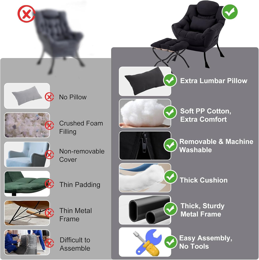 Lazy Chair with Ottoman, Modern Accent Chair with Lumbar Pillow, Black Sofa, Armchairs with Folding Footrest, Oversized Supportive Chairs for Bedroom, Reading