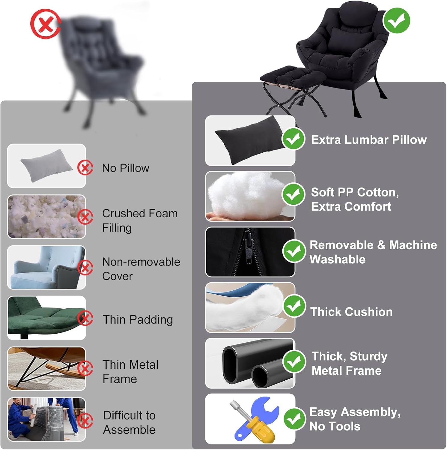 Lazy Chair with Ottoman, Modern Accent Chair with Lumbar Pillow, Black Sofa, Armchairs with Folding Footrest, Oversized Supportive Chairs for Bedroom, Reading