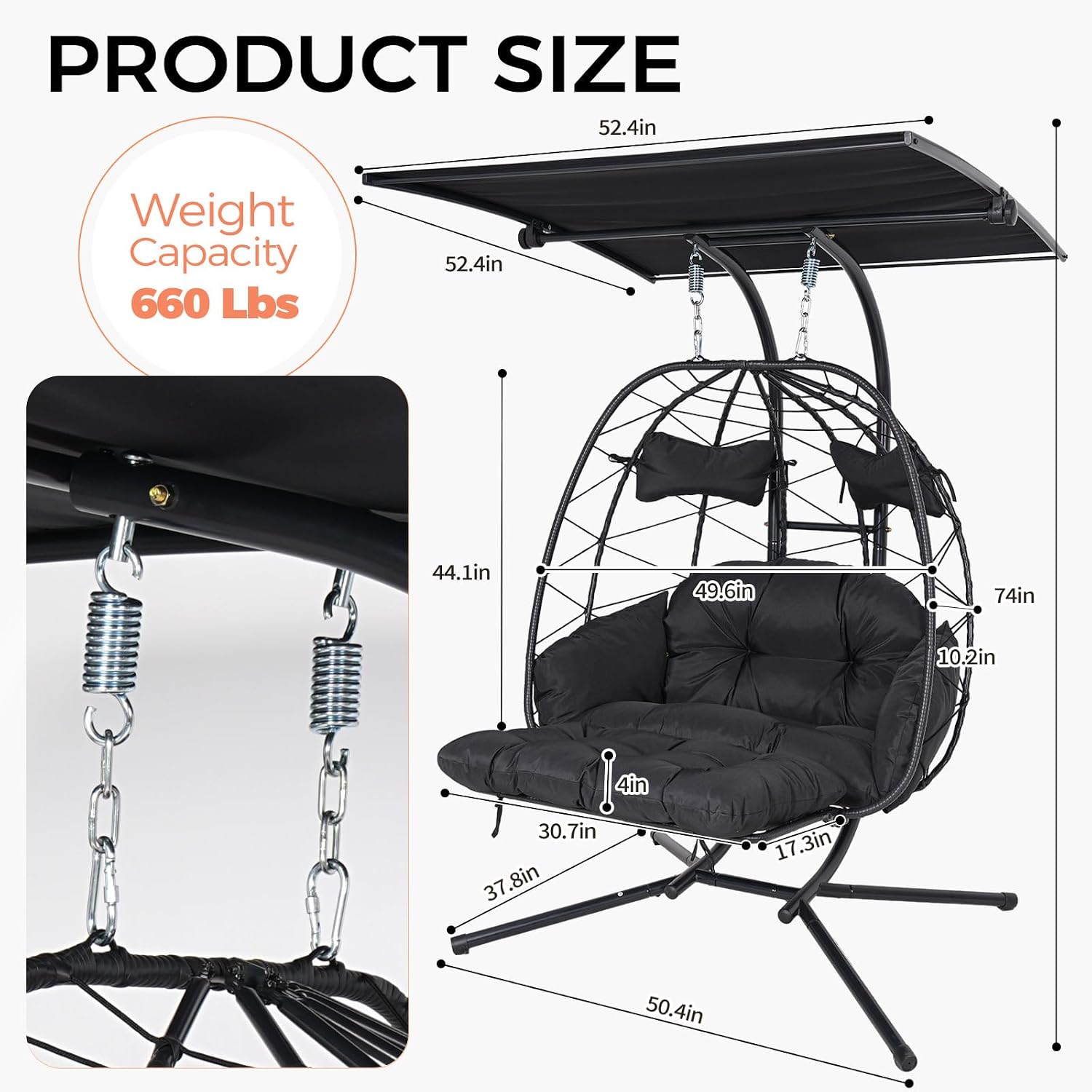 Double Egg Chair Outdoor with Stand & Canopy, 2 Person Hanging Egg Chair with Footrest, Oversized Rattan Wicker Egg Swing Chair with Lights for Bedroom Garden, 660Lbs (Black with Light)