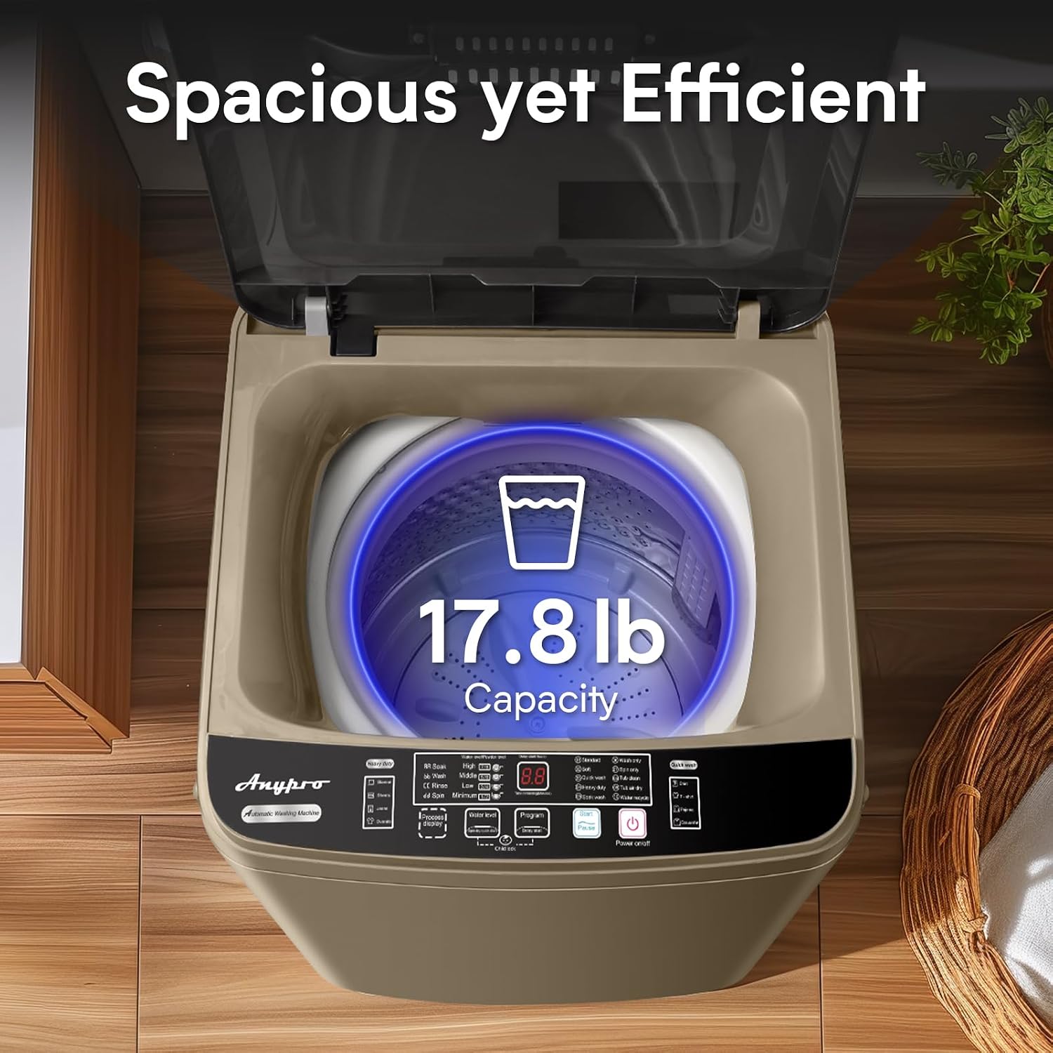 Anypro Washing Machines 17.8LBS Full Automatic Clothes Washer and Spinner Combo with 10 Programs and 8 Water Levels, Laundry Wash Spin Dryer for Apartment RV Dorm Home, Gold