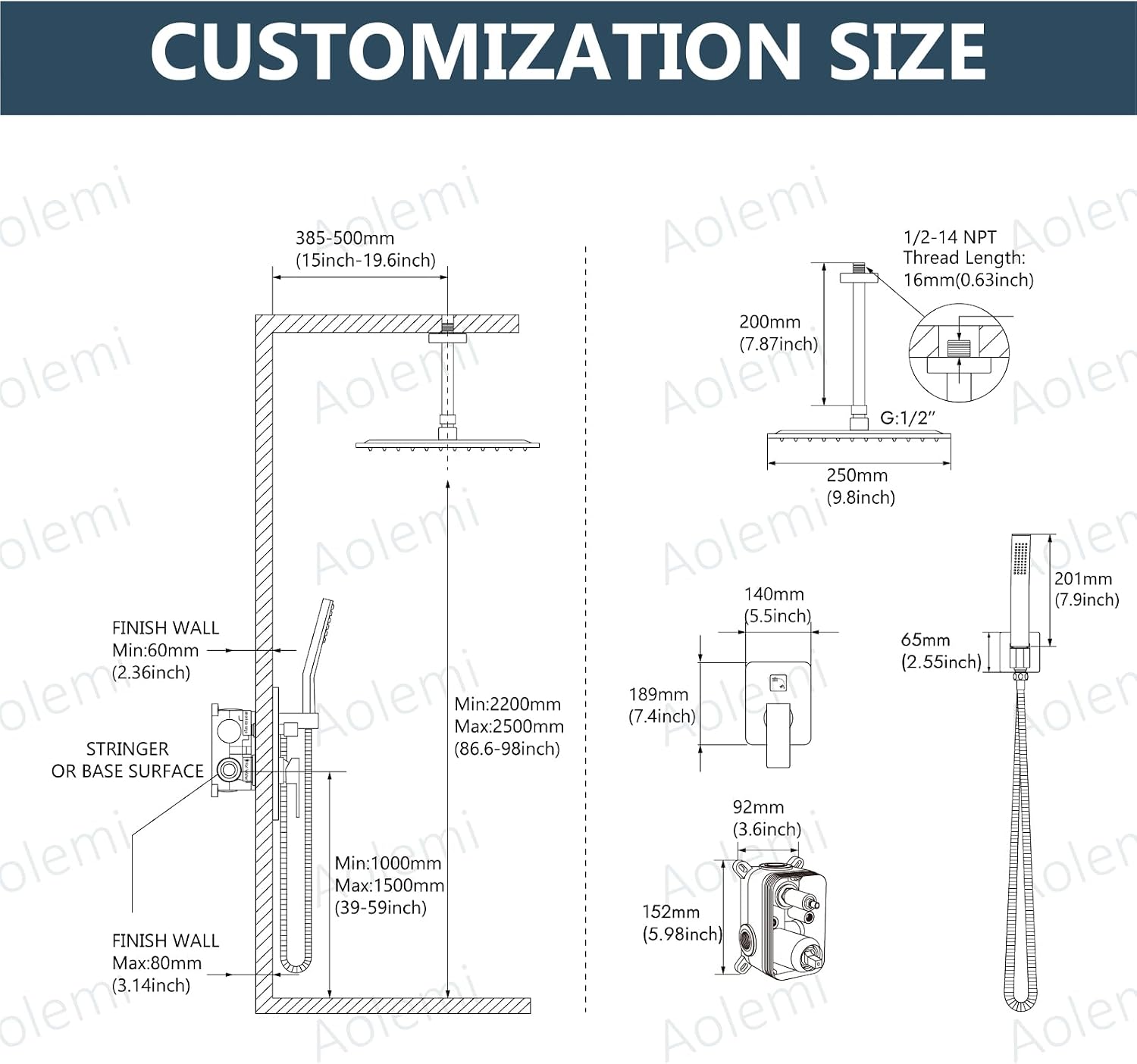Aolemi Ceiling Mount Shower System Rain Shower Head with Handheld Spray High Pressure Shower Faucet Set Rough-in Valve Shower Trim Kit Included Bathroom Matte Black 10 Inch Ceiling Shower Head